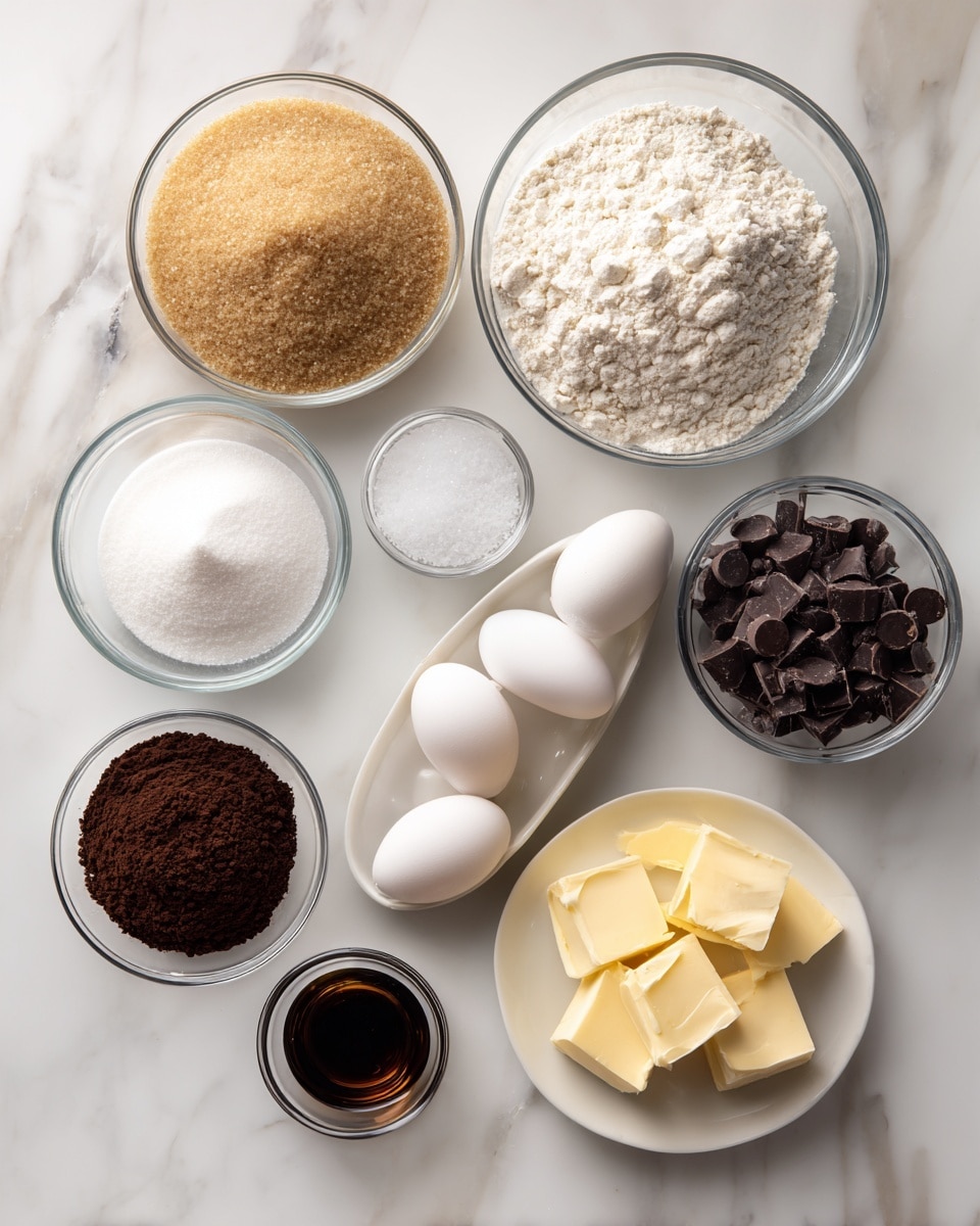 The image shows 11 separate ingredients placed on a white marbled surface. At top left, there is a clear glass bowl filled with light brown sugar. Below it, a clear glass bowl holds white all-purpose flour. To the bottom left, another clear glass bowl contains white granulated sugar. At the center bottom, there is a small clear glass bowl with dark brown cocoa powder. Above it, a small dark bottle of vanilla extract is lying horizontally. At center right, a white egg tray holds four white eggs. Above the eggs, a small clear glass container holds white salt. To the right, a small white bowl contains melted salted butter with a yellow, creamy texture. Below it, a white plate has several small pieces of solid salted butter. At the top right, a clear glass bowl is filled with dark semisweet chocolate chips. Next to it, a small clear glass bowl contains white baking soda powder. photo taken with an iphone --ar 4:5 --v 7