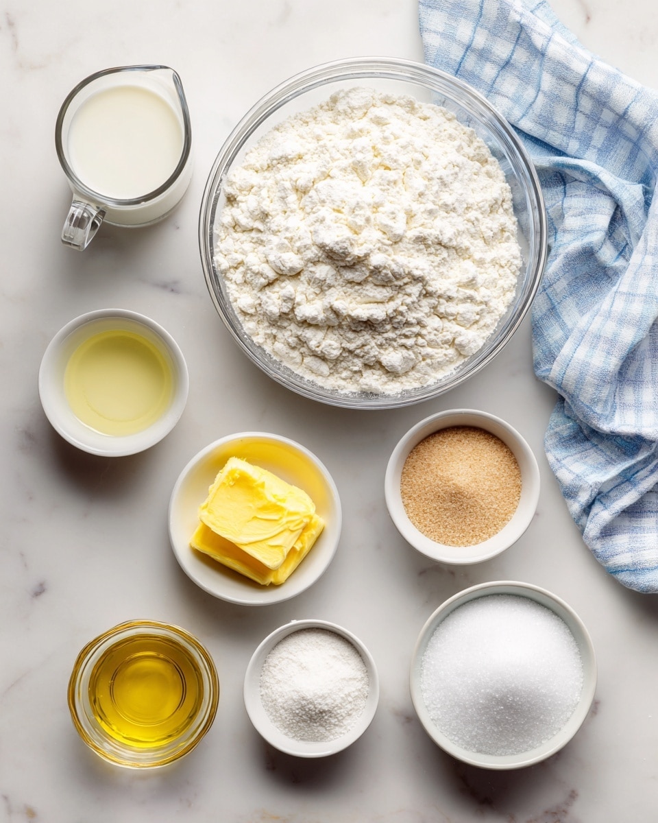 A top-down view of seven small bowls arranged on a white marbled surface. In the center, there is a large clear glass bowl filled with white all-purpose flour that is textured with small clumps. Above it is a small bowl of bright yellow melted butter with a smooth surface. To the left, a clear measuring cup holds white whole milk. Below that, a small bowl contains clear golden oil with a shiny surface. To the right, there are three small bowls lined vertically: the top bowl holds light brown granulated sugar, the middle bowl contains white baking powder with a fine texture, and the bottom bowl has white salt with a coarse texture. In the top right corner near a crumpled light blue and white checkered cloth. Photo taken with an iphone --ar 4:5 --v 7