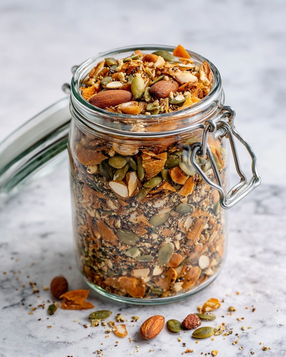 A clear glass jar with a metal clasp is filled with a mix of toasted seeds and nuts. The snack inside shows two main layers: the base layer with smaller light brown seeds and the top layer with larger orange-brown sliced nuts and green pumpkin seeds. The jar is set on a white marbled surface, with the jar lid resting beside it, showing a black rubber seal. A few scattered seeds are visible near the jar, creating a simple and natural scene. photo taken with an iphone --ar 4:5 --v 7