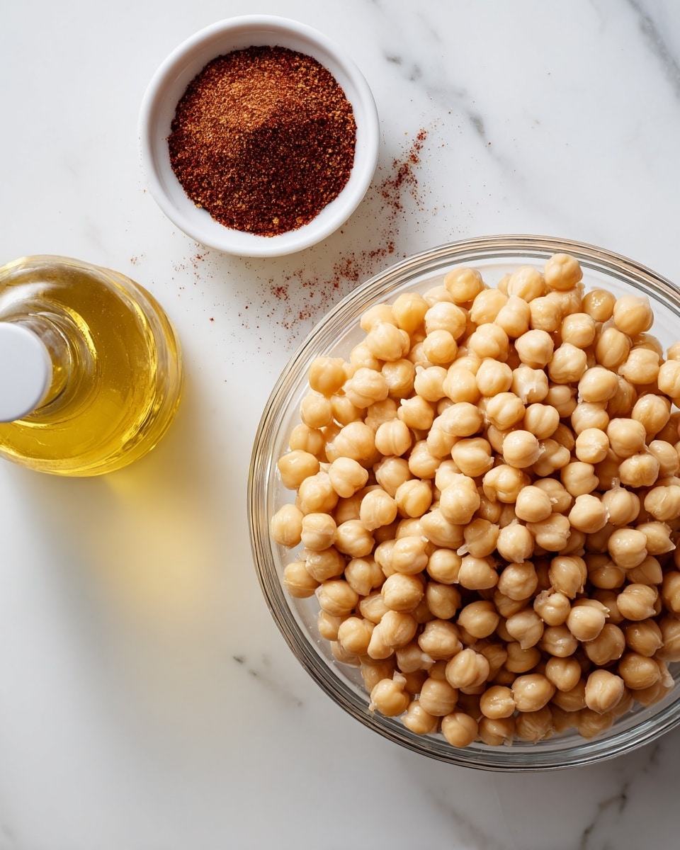 The image shows three food items placed on a white marbled surface. On the right, there is a clear glass bowl filled with round, light beige chickpeas, tightly packed and taking up most of the frame. On the left side, near the top, there is a small white cup filled with a finely ground, dark red spice labeled as Tajin seasoning. At the bottom left, part of a transparent bottle with golden olive oil is visible, topped with a white cap. The arrangement is simple and clean, with a bright, soft light illuminating the ingredients evenly. photo taken with an iphone --ar 4:5 --v 7