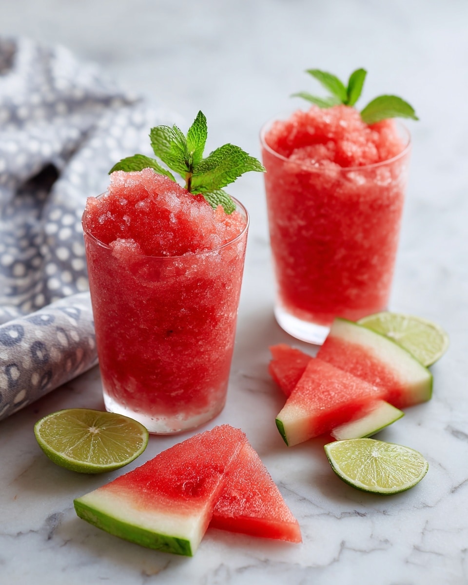 Two clear glass cups hold bright red watermelon slush with a grainy, icy texture, each topped with a small sprig of fresh green mint leaves. One cup has a lime wedge placed on its rim. Around the cups are triangular watermelon slices showing a green rind and red flesh, and small lime wedges with pale green, juicy interiors. All items rest on a white marbled surface with soft light and subtle shadows. Photo taken with an iphone --ar 4:5 --v 7