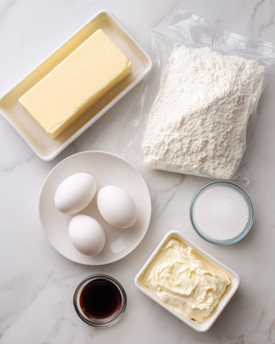 The image shows several baking ingredients arranged neatly on a white marbled surface. At the top left, a rectangular white dish holds a smooth block of pale yellow unsalted butter. To the right of it, a clear plastic bag contains a fine white powder labeled cake mix. Below the butter, a round white plate holds four white eggs and a small clear glass bowl with dark brown vanilla extract. Next to the plate on the bottom right, there is a small white bowl filled with fine white sugar, and beside it, a rectangular white container holds creamy, soft cream cheese. All items are labeled clearly. Photo taken with an iphone --ar 4:5 --v 7