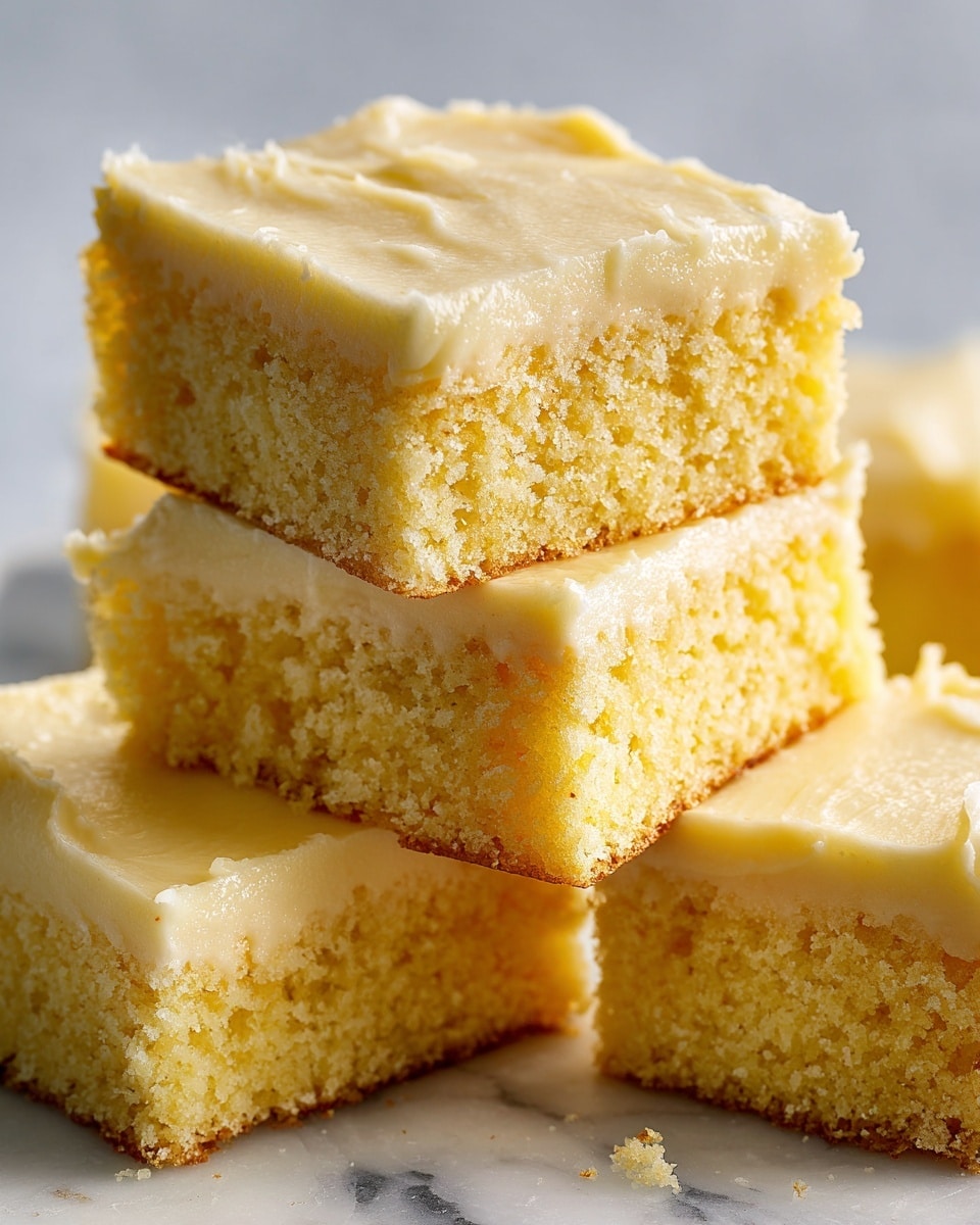 A close-up view of three square pieces of a two-layer dessert placed on a white marbled surface. Each piece shows a bottom layer that is thick and crumbly with a light brown color, while the top layer is smooth, slightly glossy, and pale yellow. The middle piece is slightly elevated, rested on the edge of another piece, revealing both layers clearly. The texture of the top layer looks soft and creamy, contrasting with the more textured base layer. The pieces are neatly cut with sharp edges. photo taken with an iphone --ar 4:5 --v 7