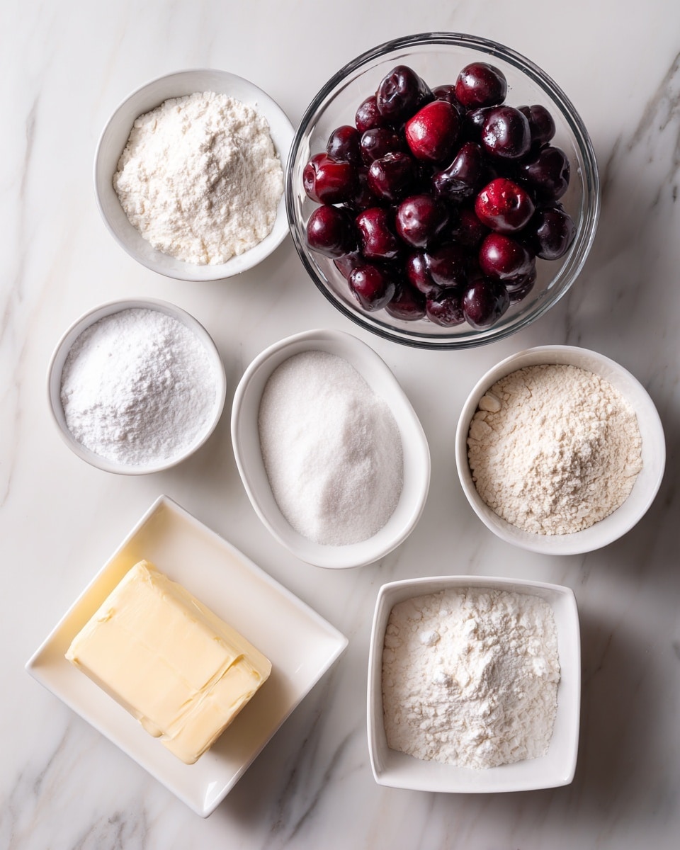 A top view of six small white bowls arranged on a white marbled surface, each holding different ingredients. At the top is a clear glass bowl filled with dark purple and red cherries. Below it, from left to right, are three white bowls containing white powdery baking soda, granulated white sugar, and all-purpose flour. To the bottom right is a small clear glass bowl with more white powders. On the bottom left corner is a white square bowl with no visible contents, and at the very bottom center lies a wrapped stick of salted butter in cream-colored paper. photo taken with an iphone --ar 4:5 --v 7