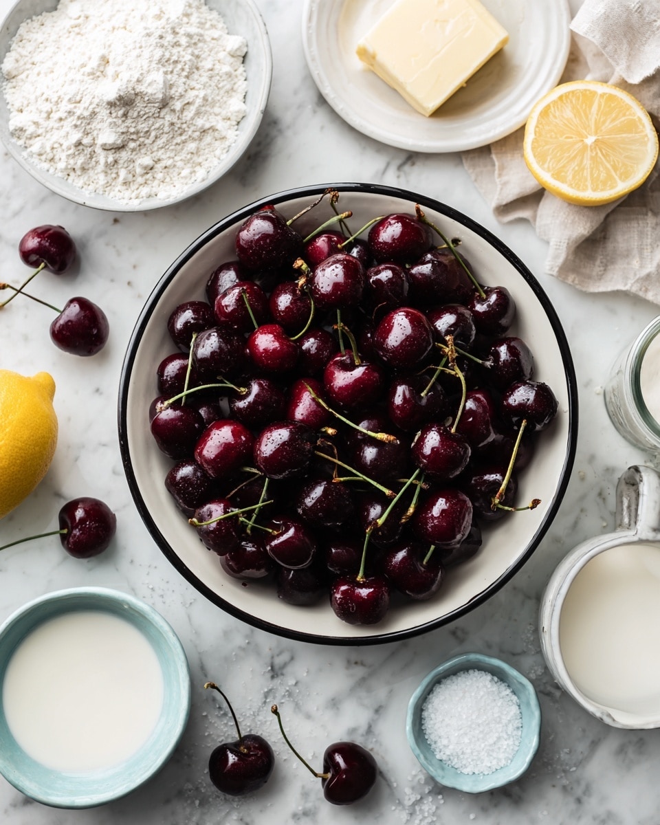 A white bowl with a black rim full of dark red cherries with stems sits in the center on a white marbled surface. Around the bowl are several small dishes and items including a white bowl with white flour, a white plate with a block of butter, a cut lemon half, a small glass dish with powdered sugar, a white cup filled with milk, a light blue small bowl with salt, and a small white dish with baking powder. There are a few cherries scattered on the surface as well. The whole setup is bright and clear, giving a fresh and simple feeling. photo taken with an iphone --ar 4:5 --v 7
