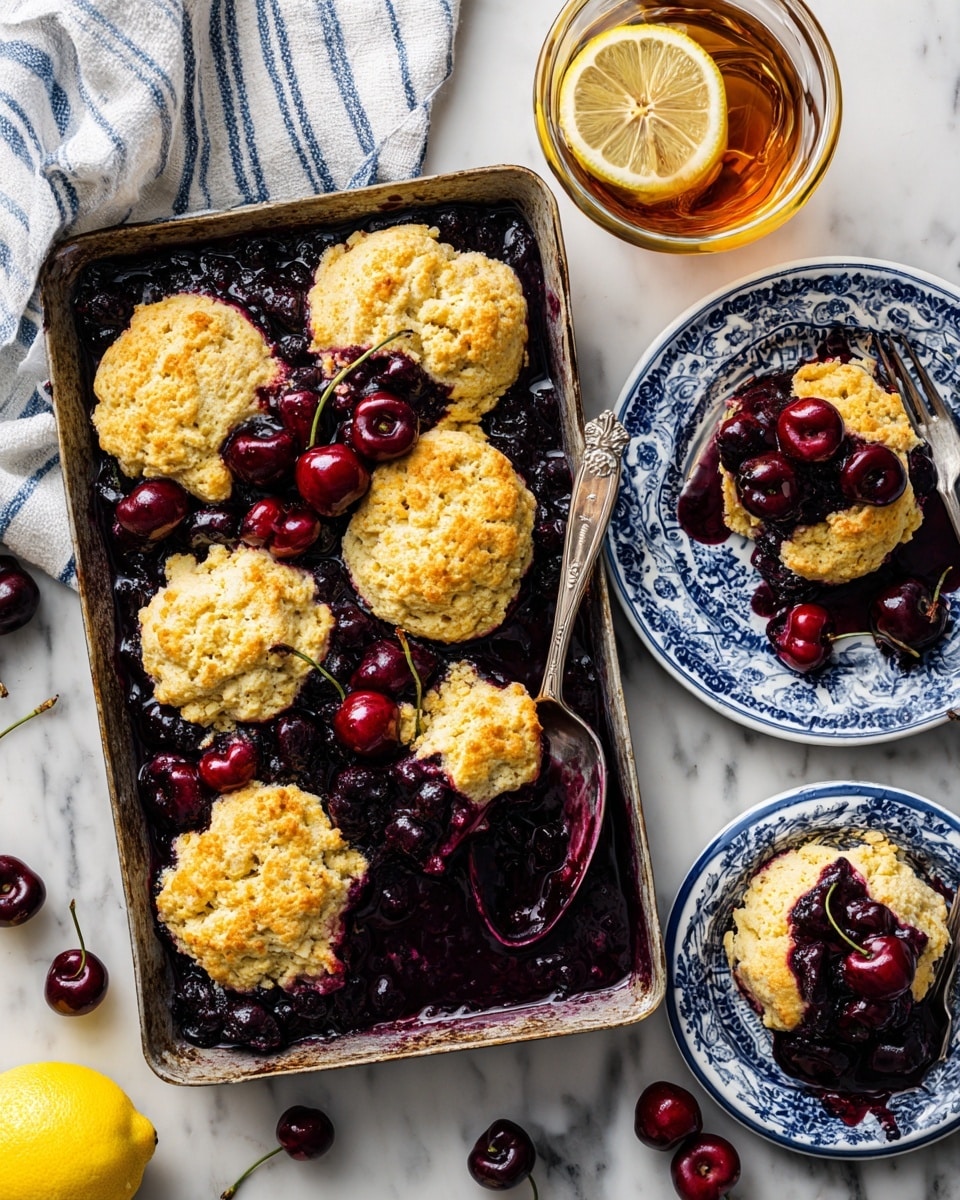The image shows a white baking tray filled with a deep, dark red cherry filling that looks juicy and shiny, topped unevenly with six golden-brown biscuit-like rounds with a rough, crumbly texture. A silver spoon rests inside the tray, partially covered in the thick cherry sauce. Surrounding the tray on a white marbled surface are two small white patterned plates each holding a portion of the cherry dessert; the biscuits on the plates appear soft with cherry juice dripping over them, and whole cherries with dark red skins are scattered nearby. At the top right, there is a glass filled with a light brown drink and a lemon slice, sitting on a white cloth with blue stripes. Photo taken with an iphone --ar 4:5 --v 7