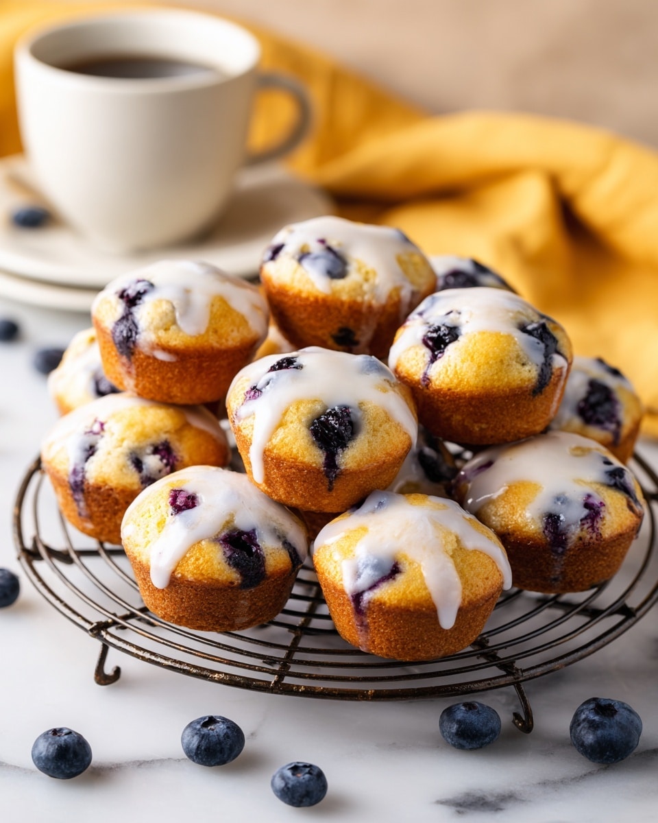 Small round blueberry muffins covered in a shiny white glaze sit on a round metal cooling rack. The muffins have a light golden brown color with visible dark blue blueberry spots, and the glaze looks smooth and slightly thick, draping unevenly over the tops. The cooling rack is placed on a white marbled surface with a few loose blueberries scattered nearby. In the background, there is a white plate with a matching white cup on it, and a folded yellow cloth rests to the right side. Photo taken with an iphone --ar 4:5 --v 7