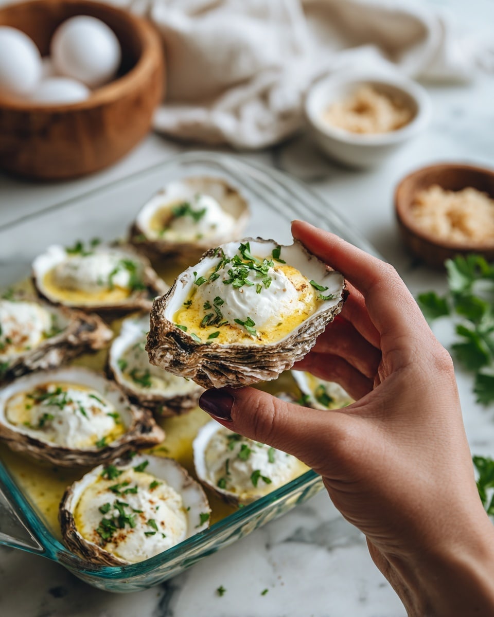 A woman's hand holds an oyster shell filled with a creamy white sauce topped with bright green parsley leaves. In the clear glass baking dish below, several oyster shells are stacked, each covered with a layer of creamy white sauce and sprinkled with fresh parsley. The oyster shells base is grayish brown with slightly rough texture. The dish is set on a wooden surface with a white marbled texture softly blurred in the background along with a white cloth and a wooden bowl holding white eggs. Photo taken with an iphone --ar 4:5 --v 7