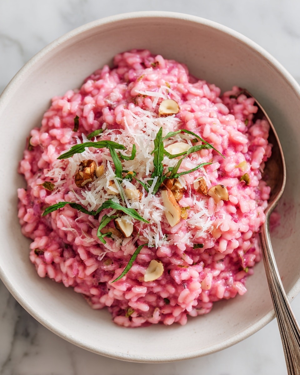 A close-up view of a white bowl filled with bright pink beet risotto that has a creamy texture. The risotto is sprinkled on top with small pieces of light brown nuts and small green basil leaves scattered over evenly. There is also a fine layer of white grated cheese covering the center area, adding a delicate contrast to the pink risotto. The background shows a white marbled surface and part of another bowl blurred out. photo taken with an iphone --ar 4:5 --v 7