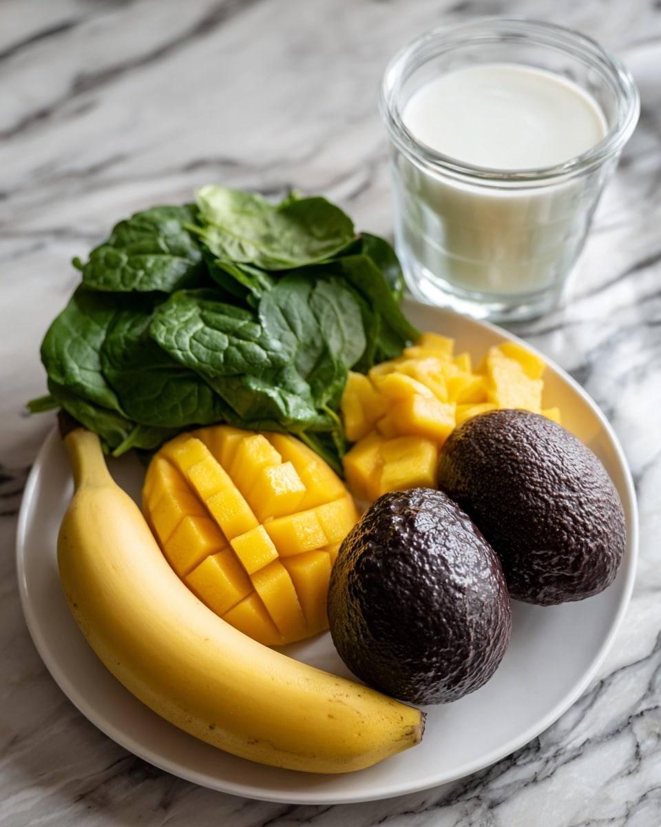 A white plate holds fresh ingredients arranged in a neat layout: a bunch of dark green spinach leaves on the left side, a whole yellow banana lying diagonally across the bottom left, a pile of bright yellow frozen mango chunks in the center, and a whole dark brown avocado with textured skin on the right. Behind the plate, there is a clear glass container filled with white liquid, set on a white marbled surface. The photo was taken with an iphone --ar 4:5 --v 7