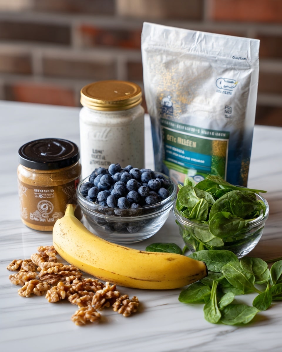 The image shows a collection of ingredients placed on a white marbled surface with a brick wall background. From left to right, there is a jar of almond butter with a black lid, a white jar of coconut oil with a gold lid, a clear glass bowl filled with walnuts, a whole ripe yellow banana lying in front, a large white bag of frozen blueberries standing at the back center, a blue and green bag of flax chia blend also standing upright to the right of the blueberries, and a clear glass bowl filled with fresh green spinach leaves on the far right. Photo taken with an iphone --ar 4:5 --v 7
