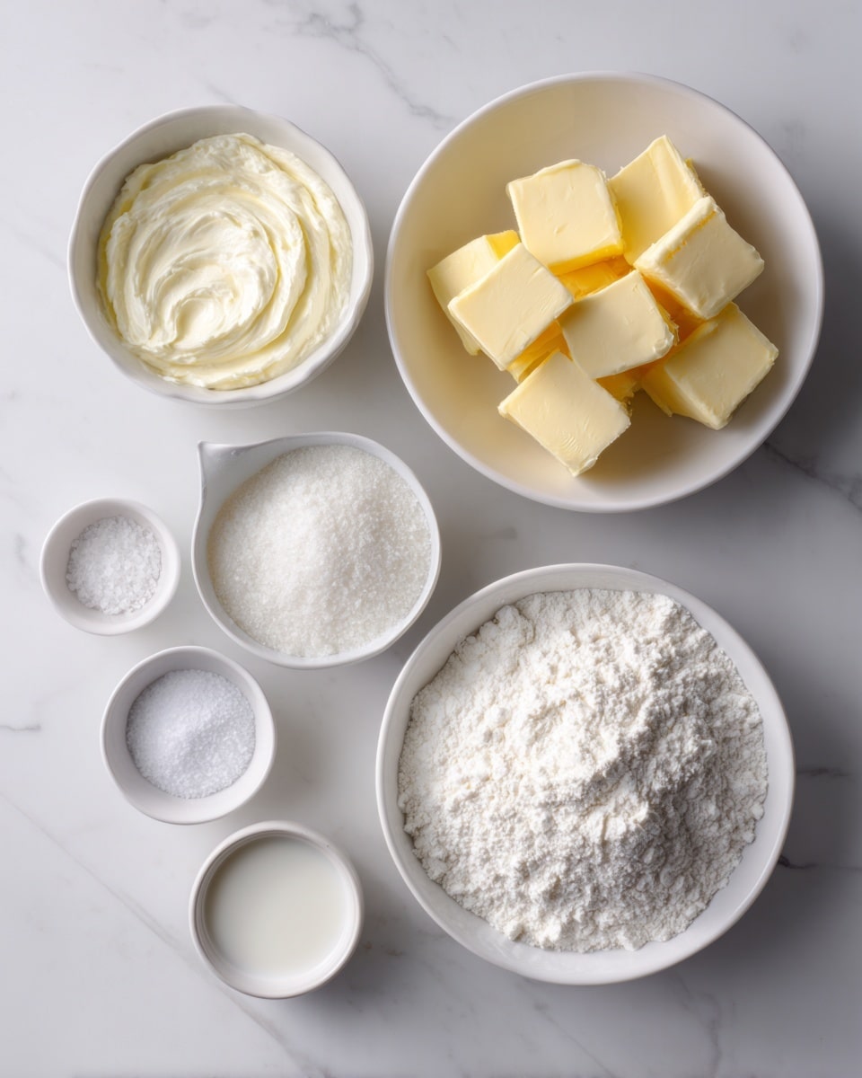 The image shows six white bowls on a white marbled surface, each with different ingredients. The top bowl contains about eight yellow blocks of butter with smooth, square shapes. Below it, a larger bowl is filled with a thick, creamy white substance that looks soft and fluffy. To the bottom right, there is a large bowl filled with a fine, white powder, likely flour. On the left side, three small white bowls are aligned vertically; the top one has a coarse white powder, the middle one has a small amount of fine white salt, and the bottom one contains a little white liquid, possibly milk or cream. The overall setting is clean and bright. photo taken with an iphone --ar 4:5 --v 7
