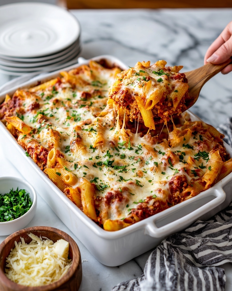 A white rectangular baking dish holds one layer of baked penne pasta mixed with tomato sauce and a layer of melted golden-brown cheese on top, sprinkled with small bits of chopped green herbs. A wooden spoon is scooping out a portion, showing the pasta's soft texture soaked in sauce under the cheese. Nearby on a white marbled surface, a small wooden bowl contains some shredded cheese and chunks of cheese, and a small beige bowl holds chopped green herbs. There is a white plate in the background and a black and white striped cloth on the side. Photo taken with an iphone --ar 4:5 --v 7