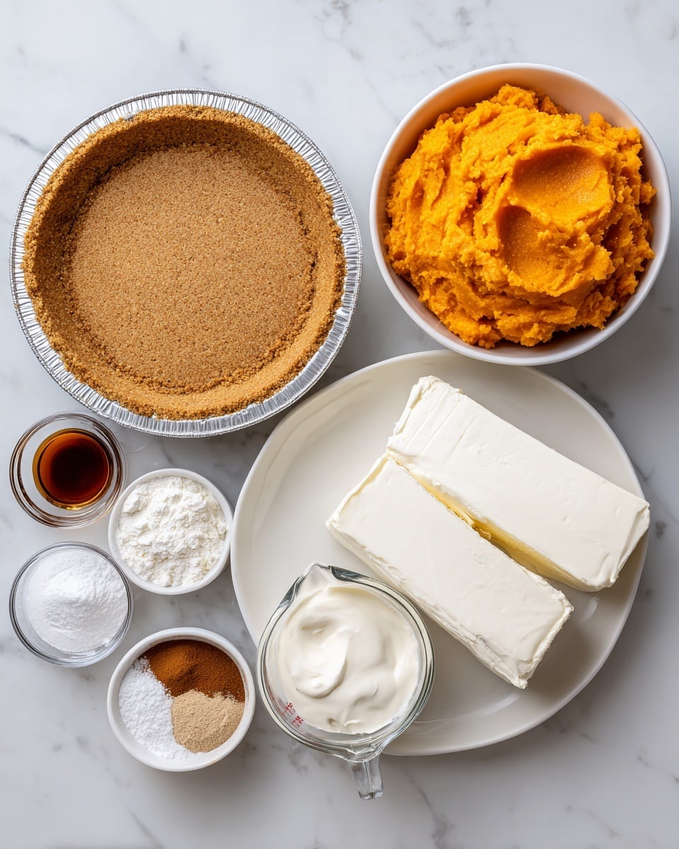 The image shows a round, light brown graham cracker crust in a foil pie pan at the top left. To its right is a white bowl filled with bright orange mashed sweet potatoes. Below these, on the right, a white plate holds two thick slabs of smooth white cream cheese. A clear glass measuring cup with light cream is placed next to it. At the bottom left, there are small white bowls, one with light brown cinnamon, one with white powder sugar, another with white flour, and a small dish with dark amber vanilla extract. All items are placed on a white marbled surface. Photo taken with an iphone --ar 4:5 --v 7