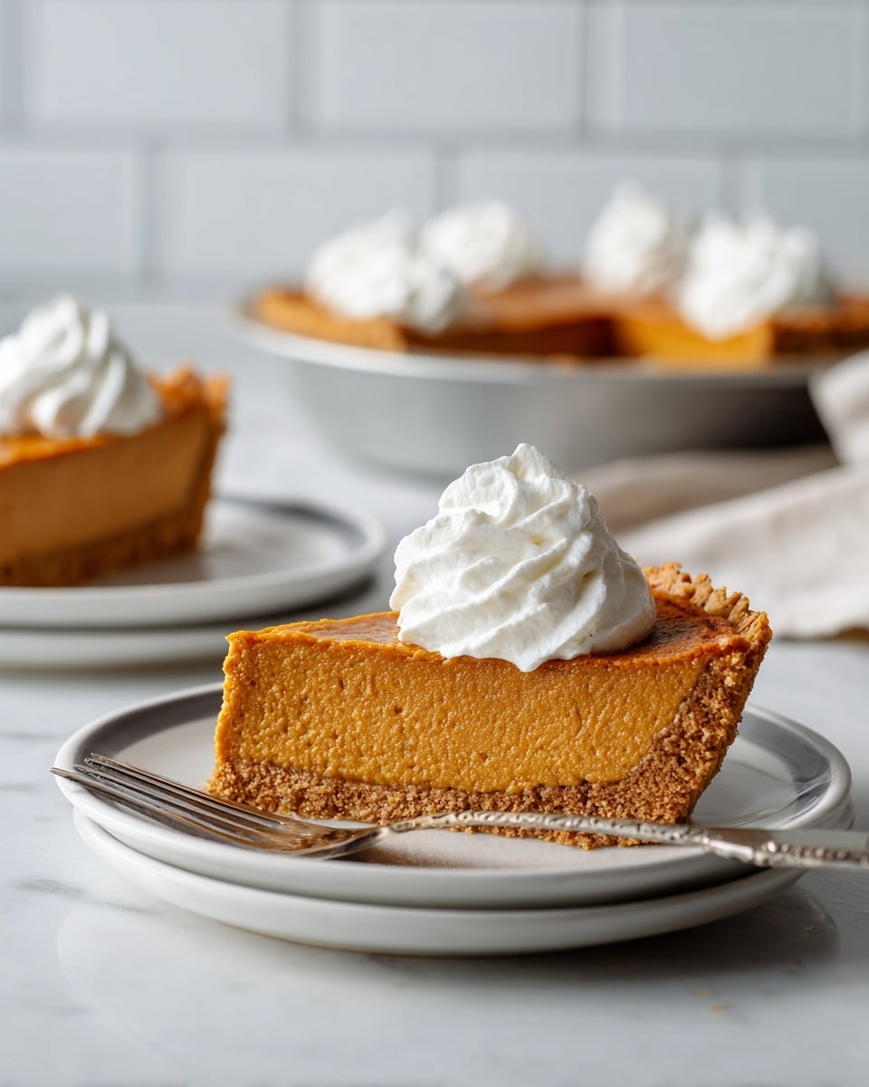 The image shows a slice of light brown creamy pie with a crumbly crust on the bottom and sides, sitting on a white plate with a thin gold rim. The pie slice has one layer, which is smooth and fluffy, topped with a white swirl of whipped cream. Next to the pie slice is a silver fork resting on the plate. In the background, there is another similar slice on a white plate and a full pie in a silver pie pan. All items are placed on a white marbled surface, with a tiled white wall background. photo taken with an iphone --ar 4:5 --v 7
