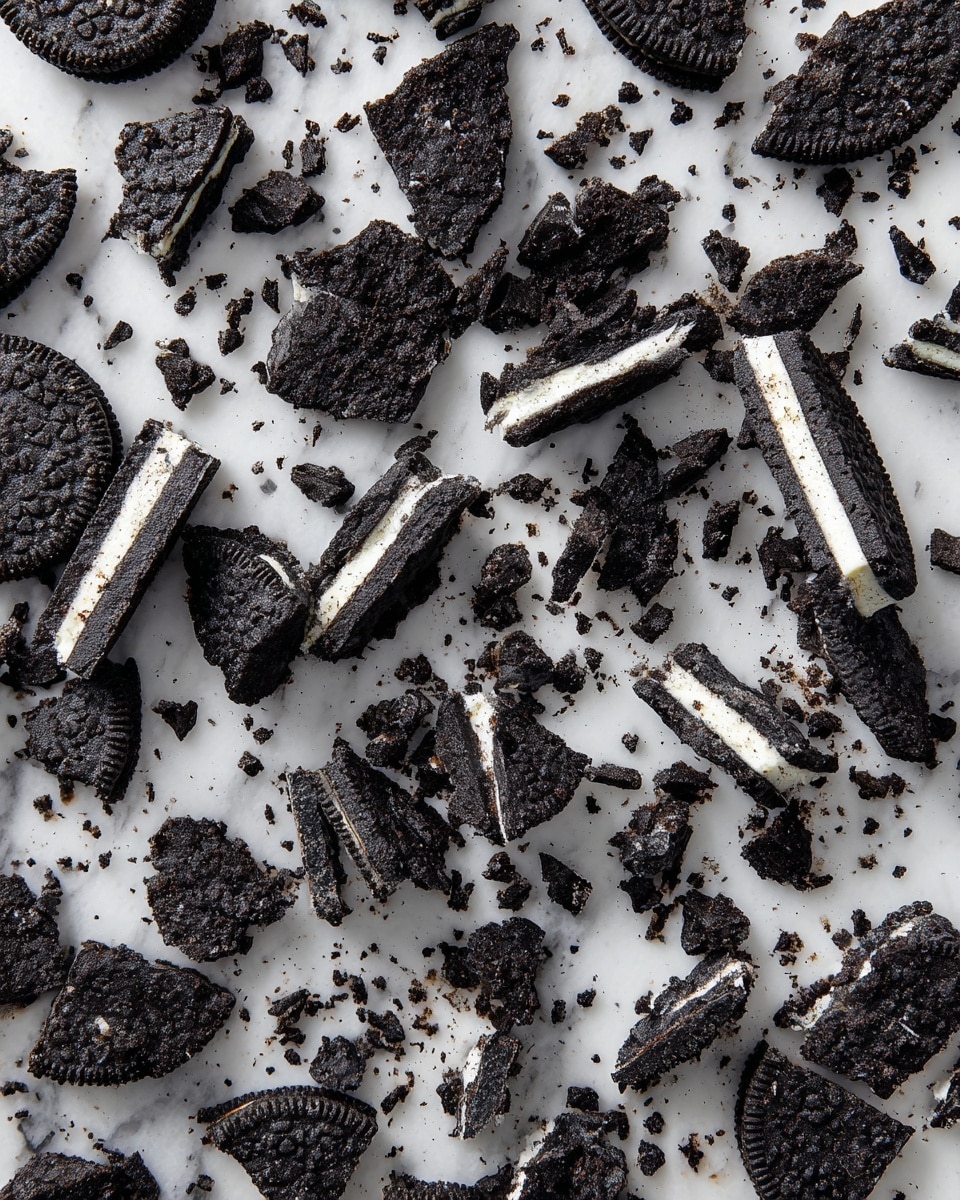 The image shows many broken pieces of black chocolate sandwich cookies with white cream inside scattered evenly on a surface. The cookie pieces vary in size, some small crumbs mixed with larger chunks, all showing the textured dark cookie part and the smooth white cream filling clearly. The background surface is a smooth white marbled texture. photo taken with an iphone --ar 4:5 --v 7