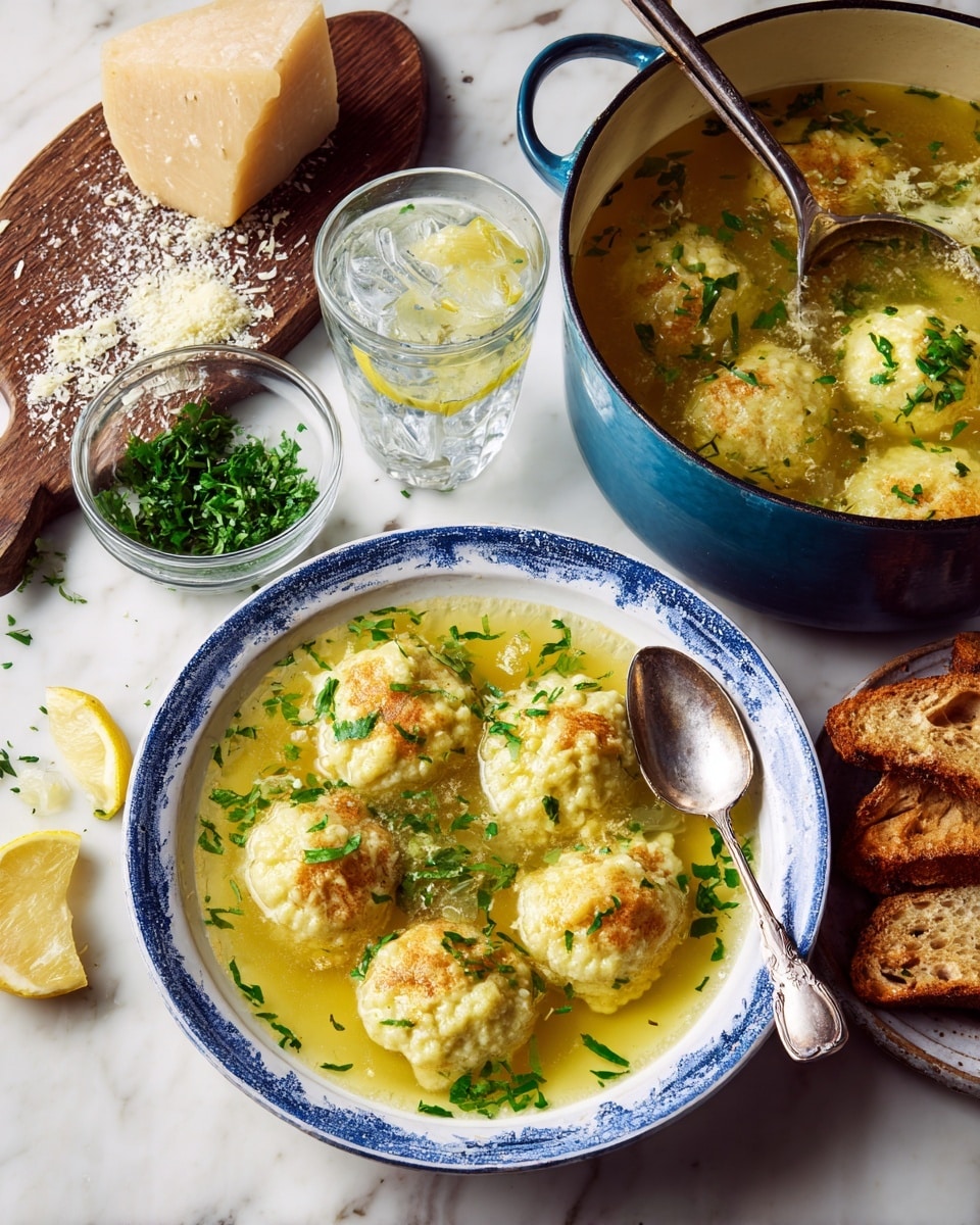 A white bowl with two thin blue rings near the edge holds soup with a light yellow broth and soft, crumbly white bits floating all over, sprinkled with small green herb pieces, with a silver spoon inside. Above it is a large blue-handled white pot filled with the same soup, with a silver ladle resting in the pot. To the left, a wooden board has a wedge of hard cheese with a textured rind and grated cheese around it. A clear small bowl filled with chopped green herbs sits partly on the board. Next to the bowl of soup is a clear glass of iced water with a lemon slice inside, and a halved lemon placed beside the glass on a white marbled surface. Below the glass, there are several slices of toasted bread with a golden crust. A folded blue and white cloth napkin is beneath the wooden board, all on a white marbled surface. Photo taken with an iphone --ar 4:5 --v 7