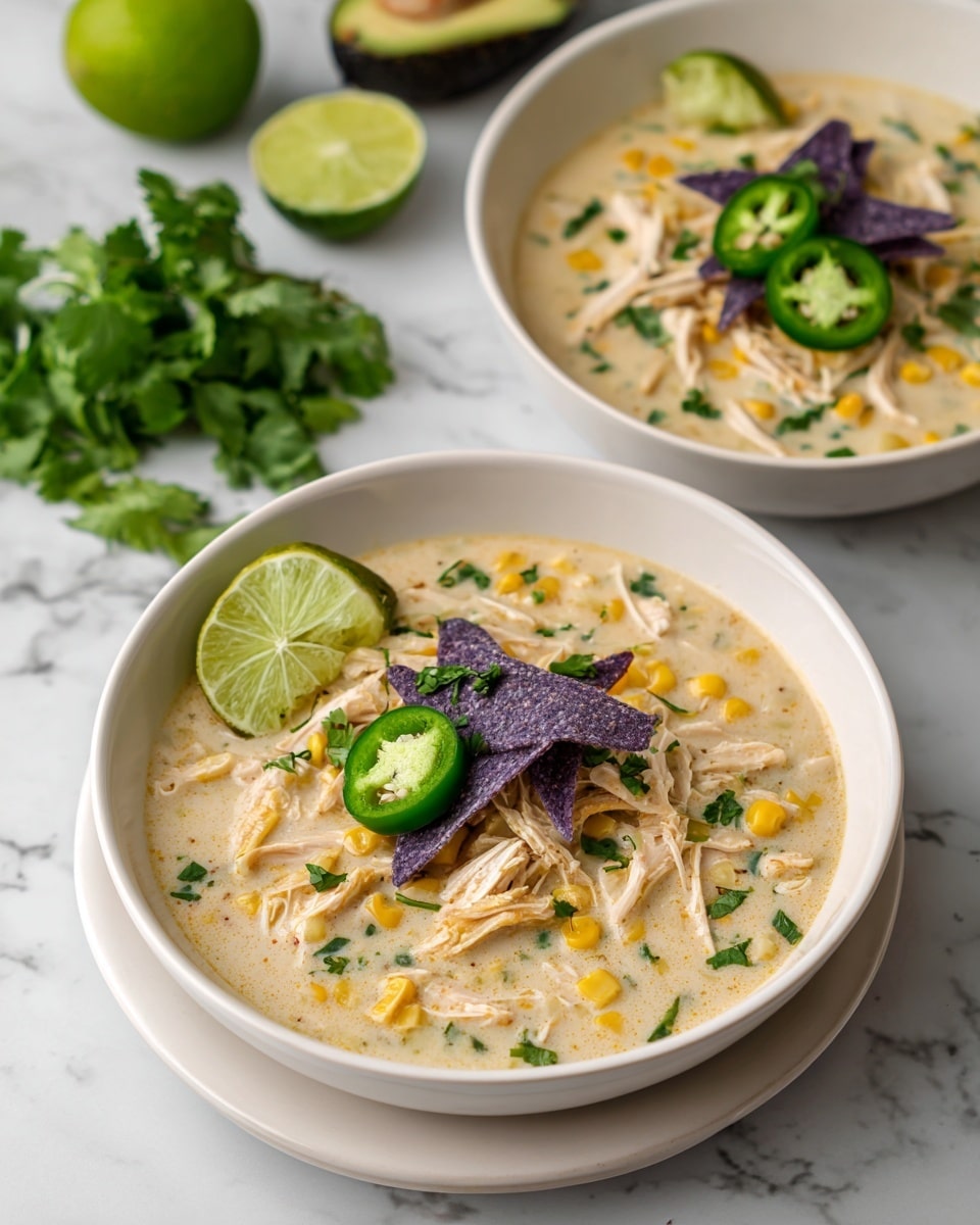 The image shows two bowls of creamy chicken and corn soup placed on white marbled surface. Each bowl has a light beige creamy soup base with shredded chicken and yellow corn mixed inside. On top, there are thin, crunchy strips in red, black, and white colors arranged in the center. A wedge of lime sits on the edge of each bowl, and a few fresh green cilantro leaves add a bright color contrast. The bowls are set on matching plates, and there are slices of lime, cilantro bunches, avocado, and a wooden board with sliced jalapeño peppers around, giving a fresh and inviting look. Photo taken with an iphone --ar 4:5 --v 7