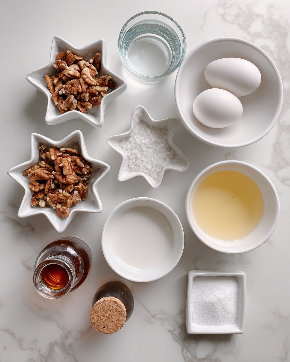 The image shows seven small white bowls and one small clear glass bowl arranged on a white marbled surface. The top left star-shaped bowl is filled with chopped nuts, brown and light beige in color. To the right, a round white bowl holds two white eggs. Below the star bowl, a smaller star-shaped bowl is full of white granulated sugar. Next to it is a round white bowl filled with a pale yellow liquid. The small square bowl near the bottom center has a fine white powder, possibly salt. A small round glass bottle with a cork contains a dark amber liquid, placed on the bottom left. The clear glass bowl in the top left holds a clear liquid. photo taken with an iphone --ar 4:5 --v 7
