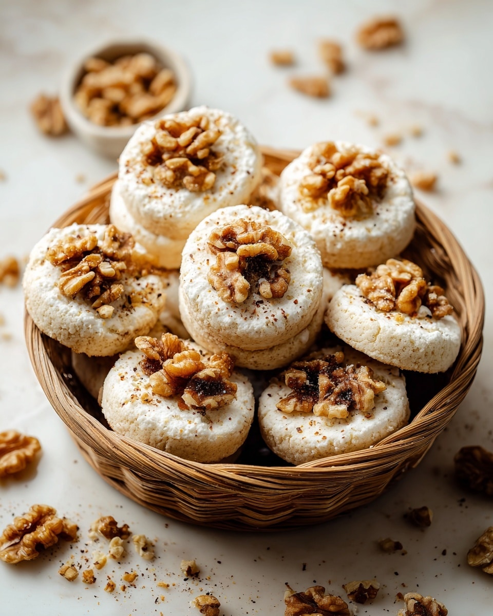 A woven basket full of round white sweets, each topped with a small cluster of brown nuts in the center. The sweets have a soft, crumbly texture and look like they are dusted lightly with powdered sugar. The basket sits on a white marbled surface, scattered with small nut pieces around it. The sweets are piled high, showing multiple layers of the white treats with the nut topping visible on almost every piece photo taken with an iphone --ar 4:5 --v 7