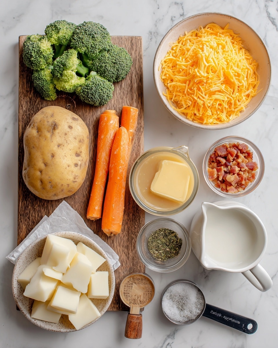 The image shows a white marbled surface with a wooden board on the left holding green broccoli florets in the top left corner, a sliced carrot with long pieces and small cubes below the broccoli, a large whole potato in the middle, and white potato cubes at the bottom. Above the board is a white bowl filled with shredded orange cheddar cheese. To the right of the board, from top to bottom, is a small light brown bowl with chopped cooked bacon, a wooden spoon with white salt, a white spoon with mixed herbs, and a small black measuring scoop with white powder. Next to these is a glass jug filled with light orange broth and another glass jug with white milk. A small slab of butter wrapped in paper lies between the wooden spoon and the bowl of cheese. Photo taken with an iphone --ar 4:5 --v 7
