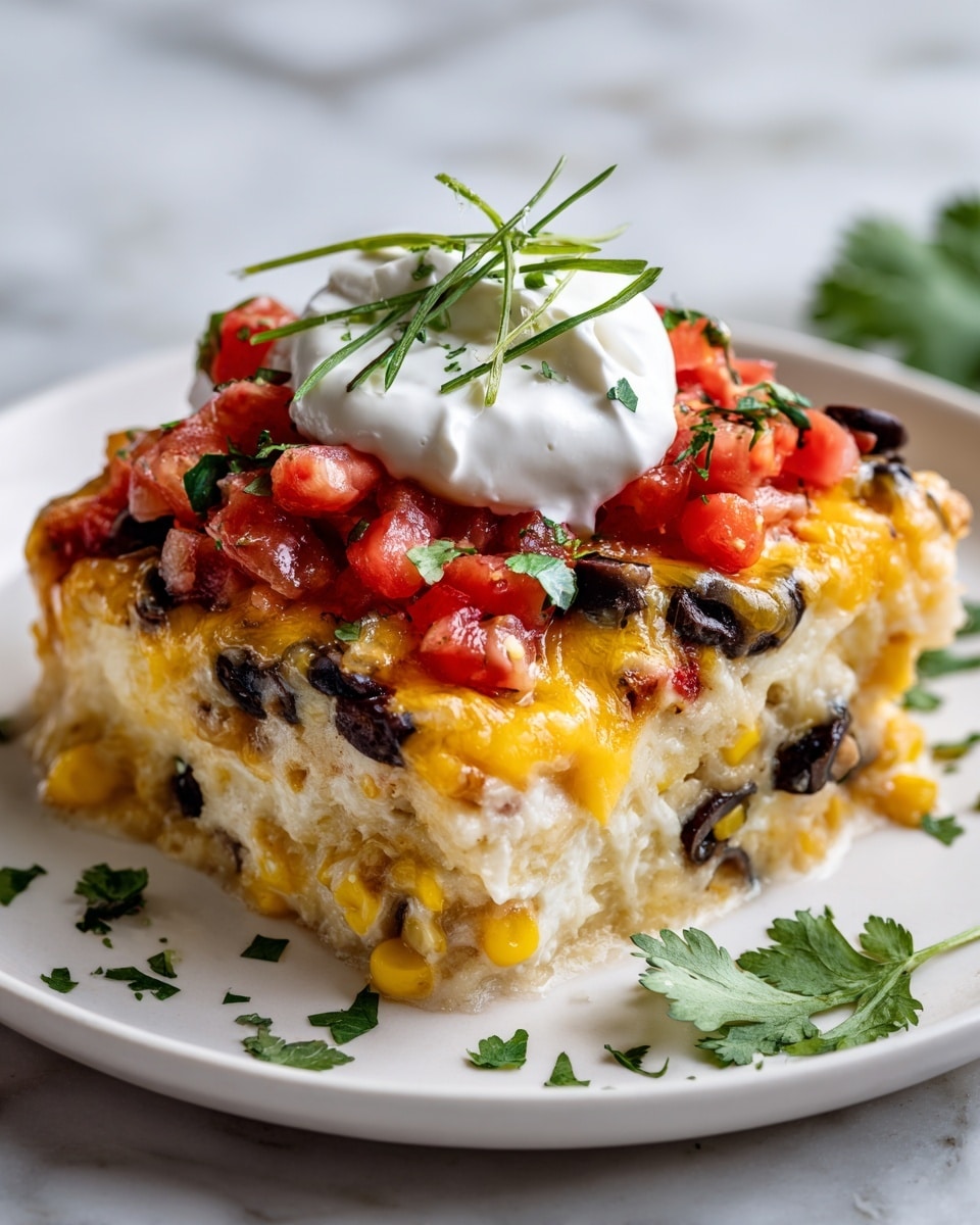 A white plate holds a layered slice of creamy casserole. The bottom layer is a soft, light yellow mixture with visible small pieces of green herbs and black olives. Above this is a thicker yellow melted cheese layer with a smooth texture. On top, there are chunks of red diced tomatoes scattered around and some fresh green chopped herbs. A dollop of white sour cream sits neatly on the highest point of the slice, with more herbs sprinkled on top. The plate rests on a white marbled surface. Photo taken with an iphone --ar 4:5 --v 7