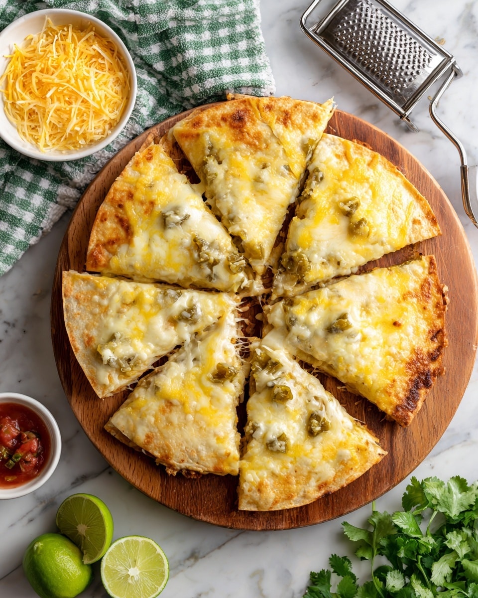 The image shows a thin, round tortilla sliced into six pieces on a wooden serving board. The tortilla is topped with melted, bright yellow cheddar cheese sprinkled over the entire surface. Small dollops of green salsa are scattered evenly on top, adding a slight texture contrast. Around the board, there is a green and white checkered cloth partially visible in the bottom left corner with a small white bowl of chunky red salsa that has a spoon in it. To the right side of the board, there are several lime slices and a small bunch of fresh cilantro leaves, all placed on a white marbled surface. A metal cheese grater with some shredded cheddar around it is seen in the top left corner. Photo taken with an iphone --ar 4:5 --v 7