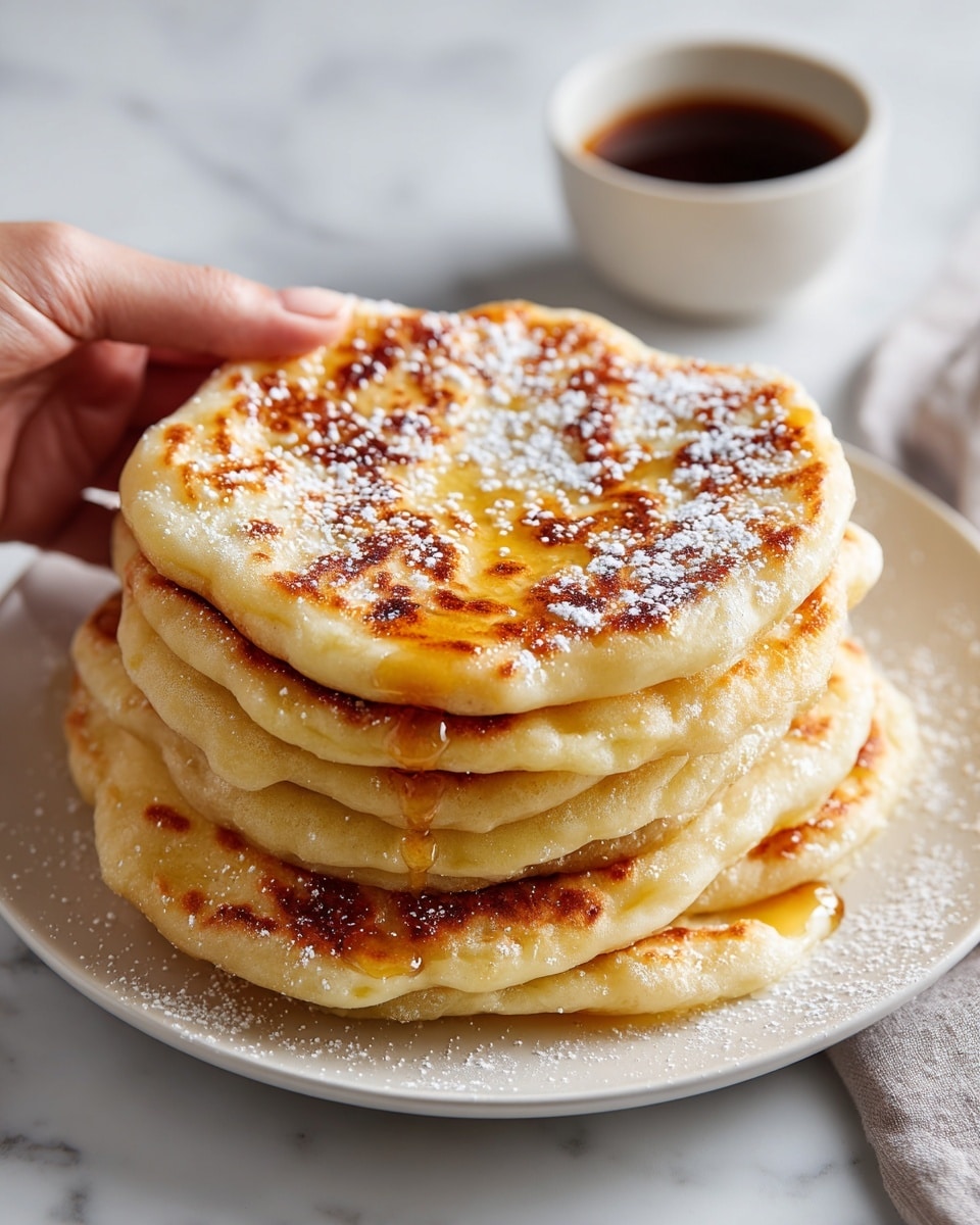 A stack of six round, golden-brown fried flatbreads with a slightly crinkled texture sits in the middle of a white plate. The flatbreads are sprinkled with white powdered sugar and have thin drizzles of sticky brown syrup running across the top, dripping down the sides. Next to the plate is a small white cup filled with more syrup. The background is a white marbled surface with a spoon and part of a cinnamon stick visible near the plate. Photo taken with an iphone --ar 4:5 --v 7