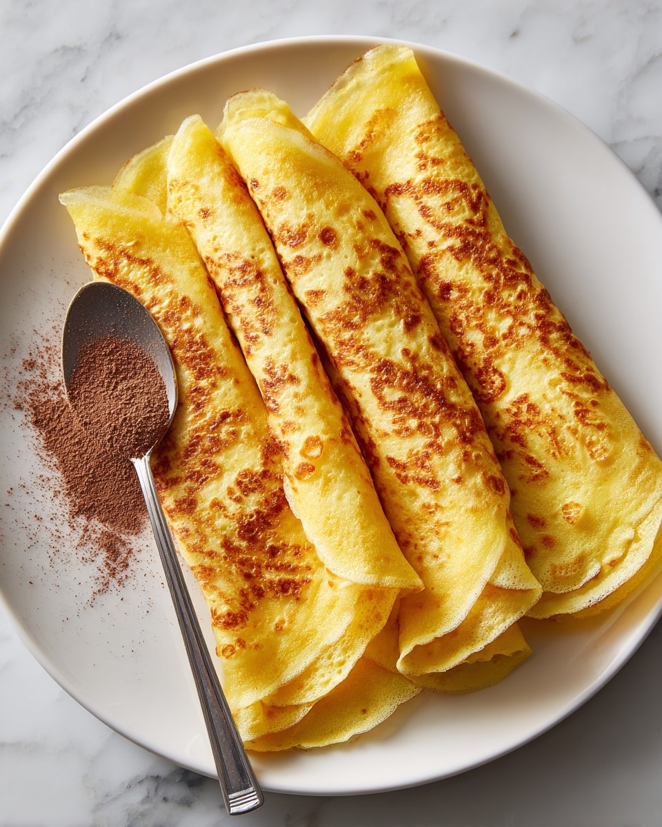 Four thin, golden-yellow crepes lie flat and rolled tightly side by side on a white plate with a crinkled white paper lining underneath. The crepes have a light brown speckled pattern from cooking, showing soft, slightly textured surfaces. To the plate's lower left edge, a silver spoon holds fine sandy cinnamon powder, with a small dusting of the powder on the white marbled surface beneath. The photo taken with an iphone --ar 4:5 --v 7
