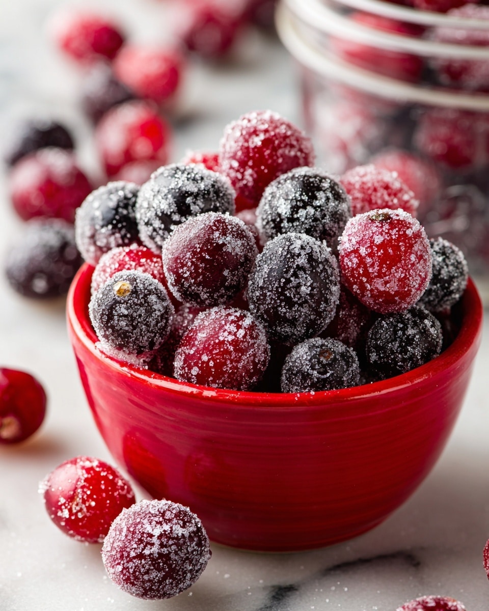 A full red bowl filled with sugar-coated cranberries, showing layers of bright red and deep purple berries covered in a white sugary frost, placed on a white marbled surface with a few sugared cranberries scattered around the bowl, and blurred sugared cranberries visible in the background, photo taken with an iphone --ar 4:5 --v 7