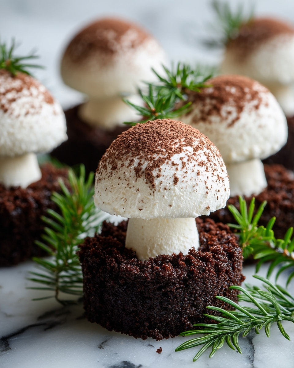 The image shows several small mushrooms made from white meringue placed on a dark textured surface, resembling soil. Each mushroom has a round cap dusted lightly with brown powder, sitting on a short, thick stem, giving them a natural look. The mushrooms vary slightly in size and angle, with some caps fully visible and others partially showing their stems. Sprigs of green pine leaves are placed around the mushrooms, adding a touch of color and a forest feel to the scene. photo taken with an iphone --ar 4:5 --v 7