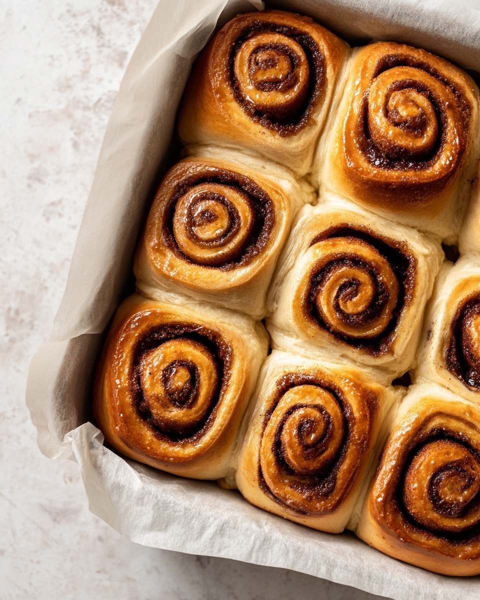 A close-up view of a rectangular baking tray lined with parchment paper filled with six golden-brown cinnamon rolls, each with a soft, swirled texture. The rolls have a shiny, slightly caramelized surface with dark brown cinnamon filling visible in the spiral patterns. The edges are slightly raised and browned, giving a warm and inviting feel. The background shows a white marbled surface. Photo taken with an iphone --ar 4:5 --v 7