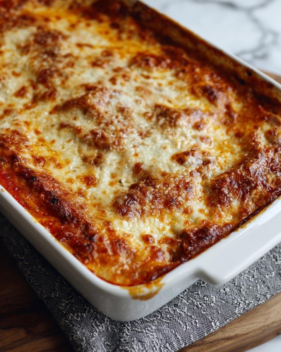 A white baking dish filled with a baked layered casserole. The top layer is melted cheese with orange and white patches, slightly browned and bubbly around the edges. Under the cheese, layers of red sauce and possibly other cooked ingredients are visible at the sides. The dish sits on a wooden surface with a folded gray cloth partially under it. The background is a white marbled texture. photo taken with an iphone --ar 4:5 --v 7