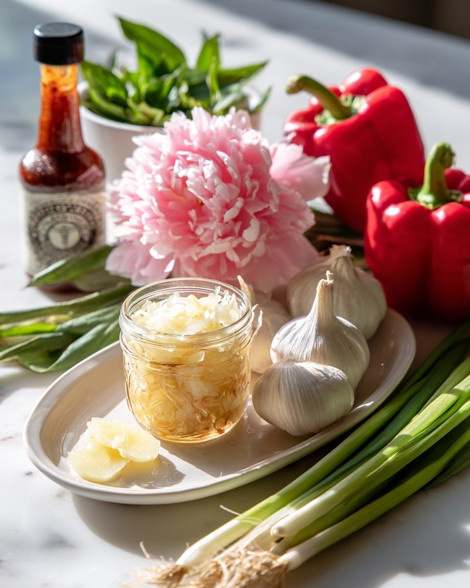 A white oval plate holds a jar of light yellow sushi ginger in the front center with translucent ginger slices visible inside. Behind the jar, a pink flower with many soft petals sits near a small white bowl full of fresh green basil leaves. Two bright red bell peppers stand in the back right on the white marbled surface. Near the jar on the plate, there is a peeled garlic bulb with some cloves exposed. In the foreground and bottom right corner across the plate, several long, green spring onions lay horizontally. A bottle of dark brown sweet chili sauce with a white and black label is seen on the left side, partially out of frame. The scene is bright with natural sunlight highlighting the textures and colors. Photo taken with an iphone --ar 4:5 --v 7
