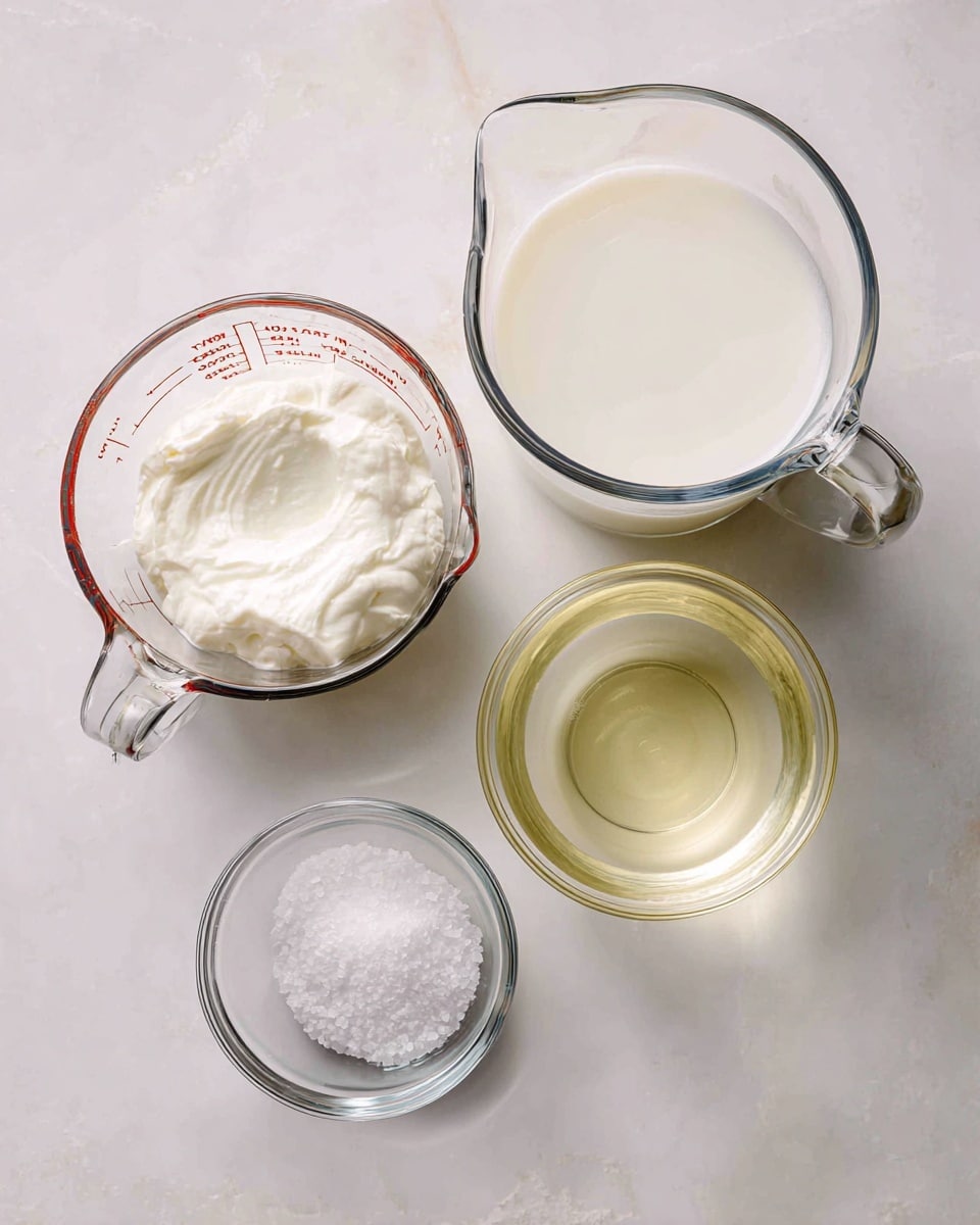 The image shows four clear glass containers with different ingredients placed on a white marbled surface. At the top left, a measuring cup filled with thick, white heavy cream is labeled with black text. To the right of it, a larger measuring cup holds whole milk, also white and smooth, with a similar label on its surface. Below the heavy cream, a small clear bowl contains coarse kosher salt, white and grainy. At the bottom right, another glass measuring cup filled with pale, light yellow liquid white wine vinegar is labeled clearly. The ingredients are spaced evenly, and the text labeling each ingredient is bold and black, standing out against the light background. photo taken with an iphone --ar 4:5 --v 7