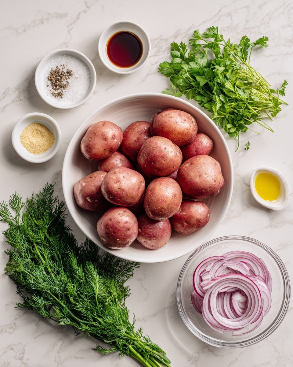 A white bowl filled with many smooth, round baby red potatoes sits in the center on a white marbled surface. To the right of the bowl, there is a clear glass bowl with thinly sliced red onion rings, next to a small bunch of fresh green dill with fine leaves and a small bunch of fresh green parsley with flat, broad leaves. Above the potatoes are two small white dishes, one with coarse salt and the other with ground black pepper. To the left of the potatoes, there are three small white dishes arranged vertically: the top one contains light beige granulated garlic powder, the middle one holds smooth, yellow Dijon mustard, and the bottom one is filled with dark red liquid red wine vinegar. Between the red wine vinegar and the fresh herbs is a small white dish with golden olive oil. The entire arrangement is on a clean white marbled surface. photo taken with an iphone --ar 4:5 --v 7