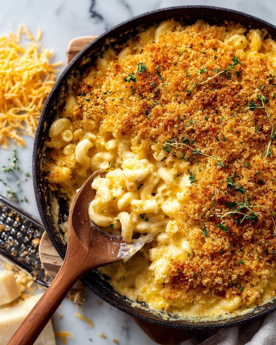A close-up view of a macaroni and cheese dish in a black casserole pan. The bottom layer is soft, creamy yellow macaroni pasta with a smooth texture. The top layer is a thick, golden brown crumb topping that looks crunchy and has small bits of green herbs sprinkled on it. A wooden spoon is scooping some of the macaroni, showing the contrast between the creamy pasta underneath and the crumb topping. The background surface is a white marbled texture with some shredded cheese and a cheese grater partially visible. Photo taken with an iphone --ar 4:5 --v 7