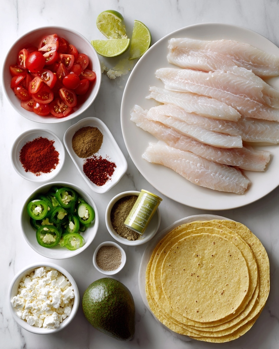 The image shows two pale pink raw tilapia fillets with a sprinkling of green herbs on parchment paper in the bottom left corner. On the left top corner is a whole bright yellow lemon next to a small white bowl filled with light green olive oil. In the center top, a small rectangular wooden cutting board holds small piles of white baking powder, pale yellow garlic powder, dark red smoked paprika, brownish onion powder, and a mix of white salt and black pepper. To the right of the cutting board at the bottom is a light beige pack of butter with a red and blue label. Next to it is a whole garlic bulb with three white cloves visible. On the far right are three green onions with long green stalks laid across the white marbled surface. photo taken with an iphone --ar 4:5 --v 7