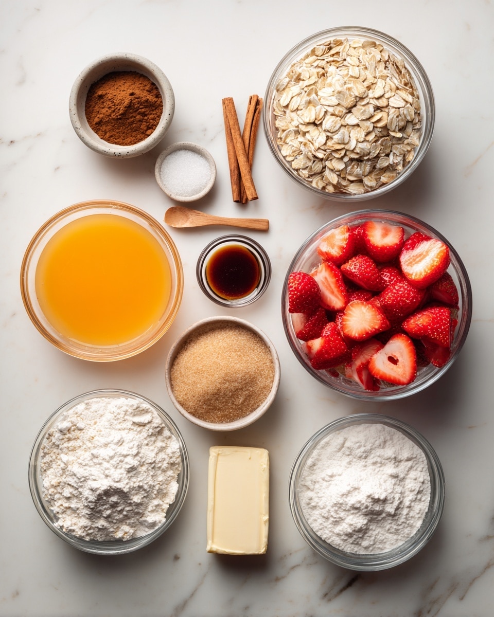 The image shows various ingredients placed on a white marbled surface, each in clear glass bowls or containers. Starting from the top left, there is a small bowl with dark brown cinnamon and white salt side by side. Next to it is a medium bowl filled with light tan old-fashioned oats. To the right is a medium bowl holding light brown sugar with a soft texture. Below that, a larger bowl is full of bright red and white sliced strawberries. Moving leftwards, a small bowl contains white cornstarch, and near it is a smaller bowl with white granulated sugar. In the bottom left corner, a medium bowl holds off-white all-purpose flour. Above it is a small glass cup filled with orange juice showing a smooth, liquid surface. Between the orange juice and strawberries, a stick of light orange butter lies on the surface, accompanied by a small wooden spoon with dark vanilla extract. The arrangement is clean and organized, all on the white marbled background. photo taken with an iphone --ar 4:5 --v 7