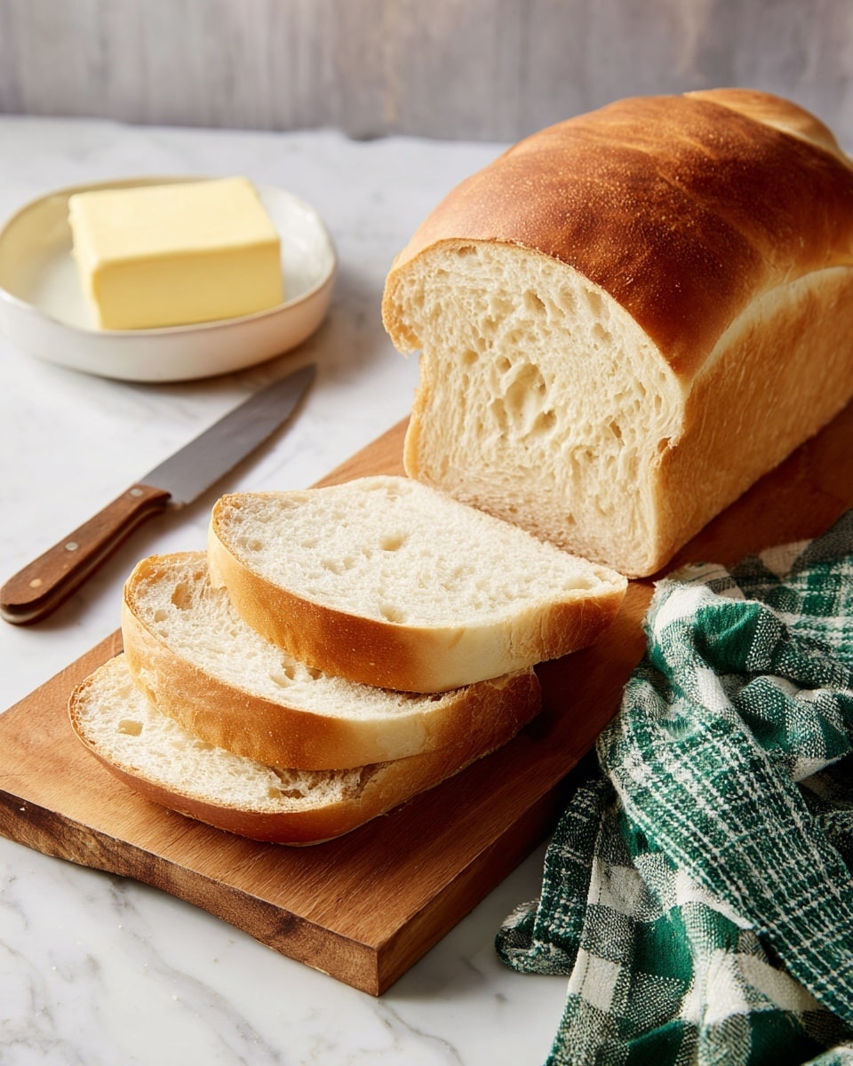 A loaf of bread sliced into five pieces is placed on a wooden board. The bread has a golden-brown crust on top and a light beige soft inside with small holes. To the left, there is a small white dish holding a block of butter with a shiny metal knife resting on it. A blue and white checkered cloth with a soft crumpled texture is on the right side of the board. The setting is on a white marbled surface with a partially visible white plate in the background. Photo taken with an iphone --ar 4:5 --v 7