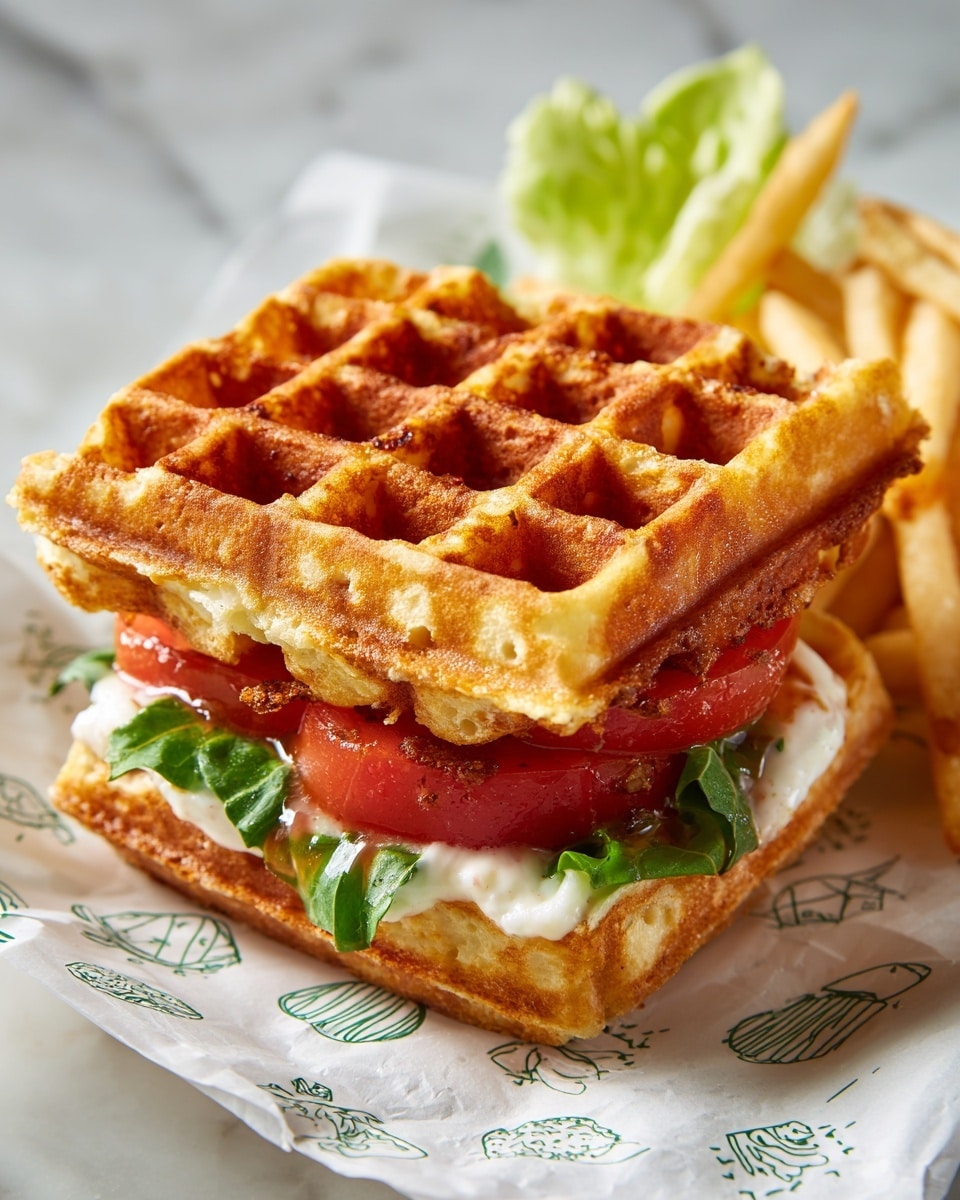 A sandwich made with two golden brown waffles as the top and bottom layers, showing a crispy, slightly bubbly texture. Inside the sandwich, there is a layer of green lettuce and a thick, bright red slice of tomato, with some creamy white sauce peeking out. The sandwich sits on a white paper wrapper with light blue-green cartoonish drawings. To the right, a few light beige French fries rest on the wrapper next to a fresh, light green lettuce leaf. The setting has a white marbled textured surface. Photo taken with an iphone --ar 4:5 --v 7
