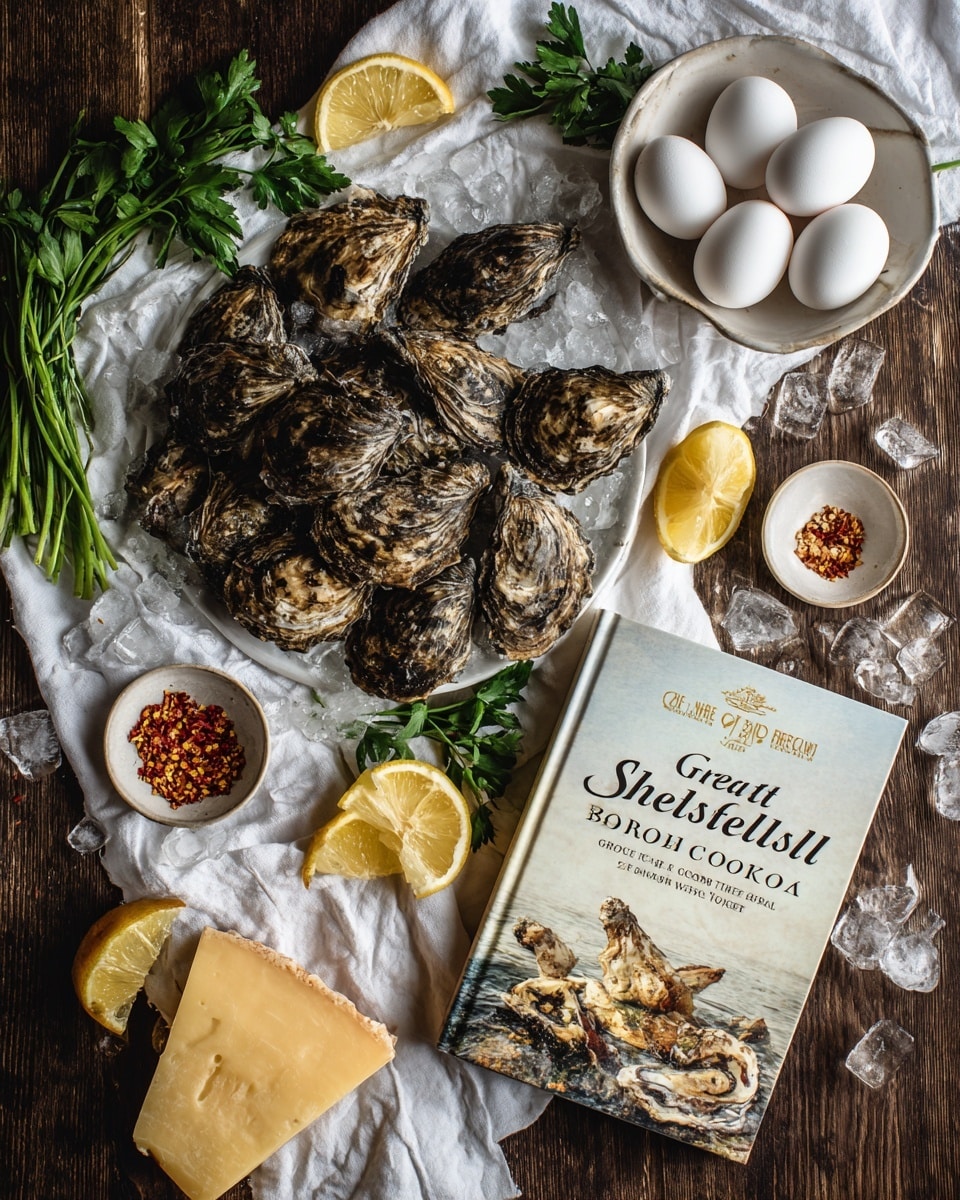 A collection of oysters with rough, dark brown shells spread over a soft white cloth, scattered with clear ice cubes and bright yellow lemon wedges; fresh green parsley sprigs are placed around the oysters for color contrast. On the right side, a white bowl holds three white eggs, and near it is a small white bowl with red and yellow chili flakes. A large wedge of pale yellow cheese lies flat nearby. The bottom part of the image shows the cover of