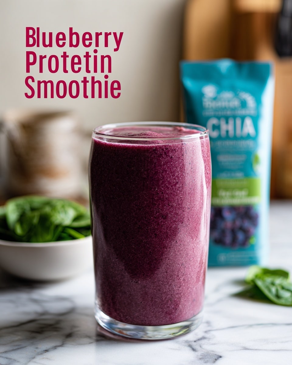 A clear glass filled with a thick purple smoothie sits on a rustic wooden surface with a white marbled texture. Behind it, there is a small glass bowl filled with green leafy spinach to the left, and behind that, a partially visible glass jar with a white lid. Further back, a colorful bag of Carrington Farms Flax Chia Blend with greens and blues stands upright, slightly blurred, along with a small bowl with a banana and another container. A red and white speech bubble at the top left says
