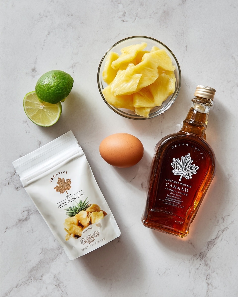 A white marbled surface holds a spread of ingredients neatly arranged with labels: a white packet of Creative Gourmet frozen pineapple pieces showing yellow pineapple chunks on the front, a small clear glass bowl holding a single wedge of lime, a brown egg placed alone, and a transparent bottle of Canadian maple syrup featuring a maple leaf on its label. The items are spaced evenly and displayed clearly from a top-down view. photo taken with an iphone --ar 4:5 --v 7