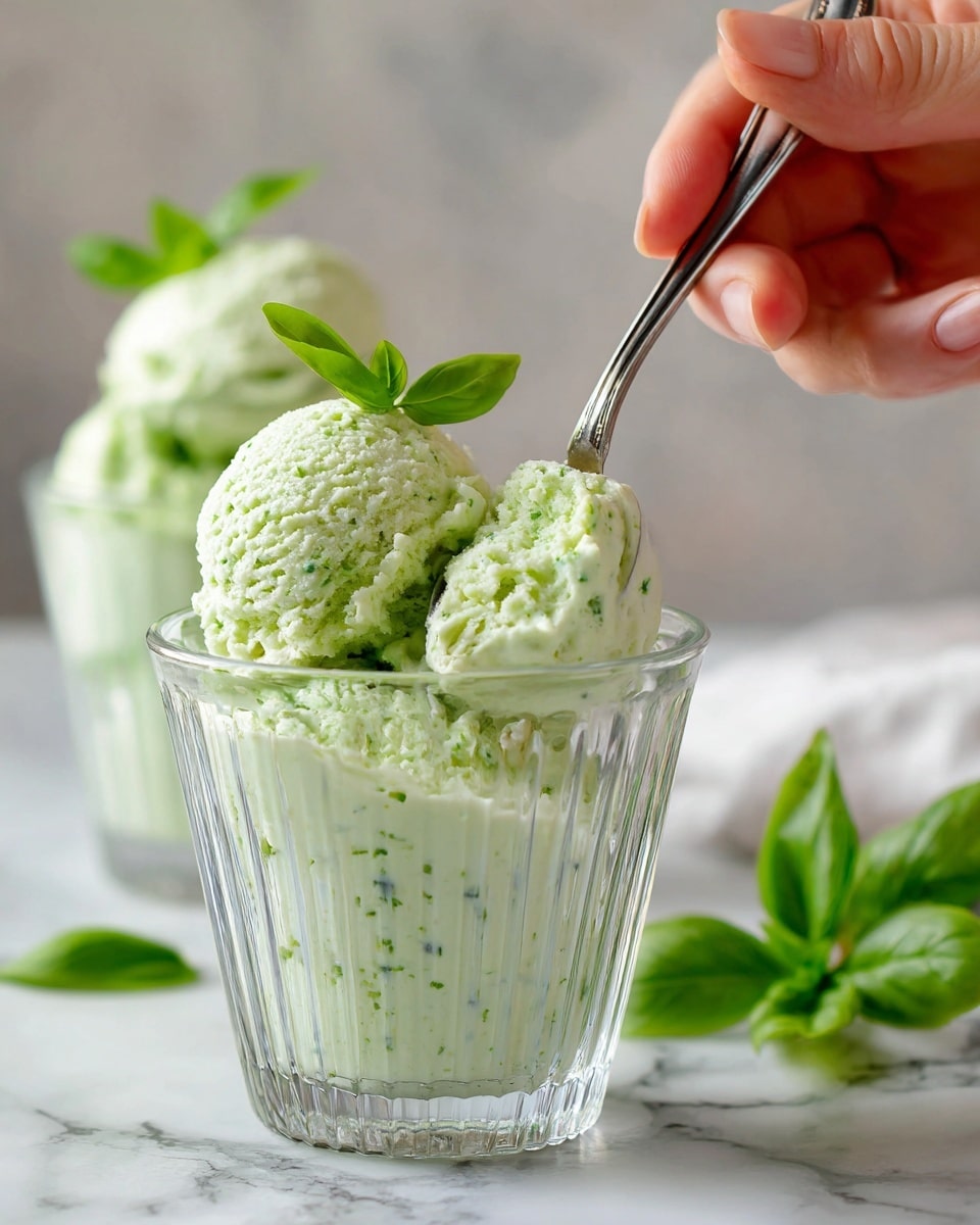 Two scoops of pale green ice cream with tiny dark green specks are served in a clear glass dessert cup. The ice cream is creamy and smooth, slightly melting at the edges. On top of the scoops, there are two fresh, bright green basil leaves. A woman's hand holds a spoon, ready to scoop from the right side of the glass. The background and surface have a white marbled texture, and some blurred green leaves are scattered around. Photo taken with an iphone --ar 4:5 --v 7