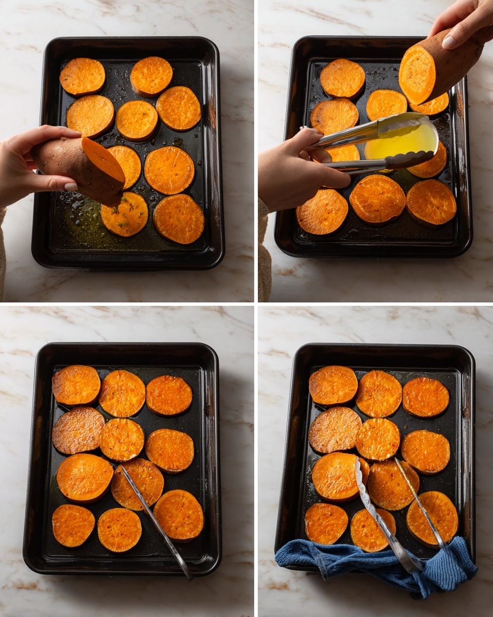 The image shows a step-by-step process of cooking thick slices of orange sweet potato in a black baking tray. First, a woman's hand holds a large sweet potato being sliced into thick rounds, each slice vibrant orange with a smooth texture. The tray is filled with several round slices laid flat, evenly spaced. In the next step, a woman's hand uses tongs to turn one round slice, revealing a browned, crispy surface. A yellow liquid is poured over the slices in the tray, adding a glossy shine. Then, a spoon drizzles oil onto the thick orange slices, which now have a rich, caramelized color and a slightly crunchy texture on top. The final picture shows the tray full of the cooked sweet potato slices held by someone wearing blue oven mitts on a white marbled surface. photo taken with an iphone --ar 4:5 --v 7