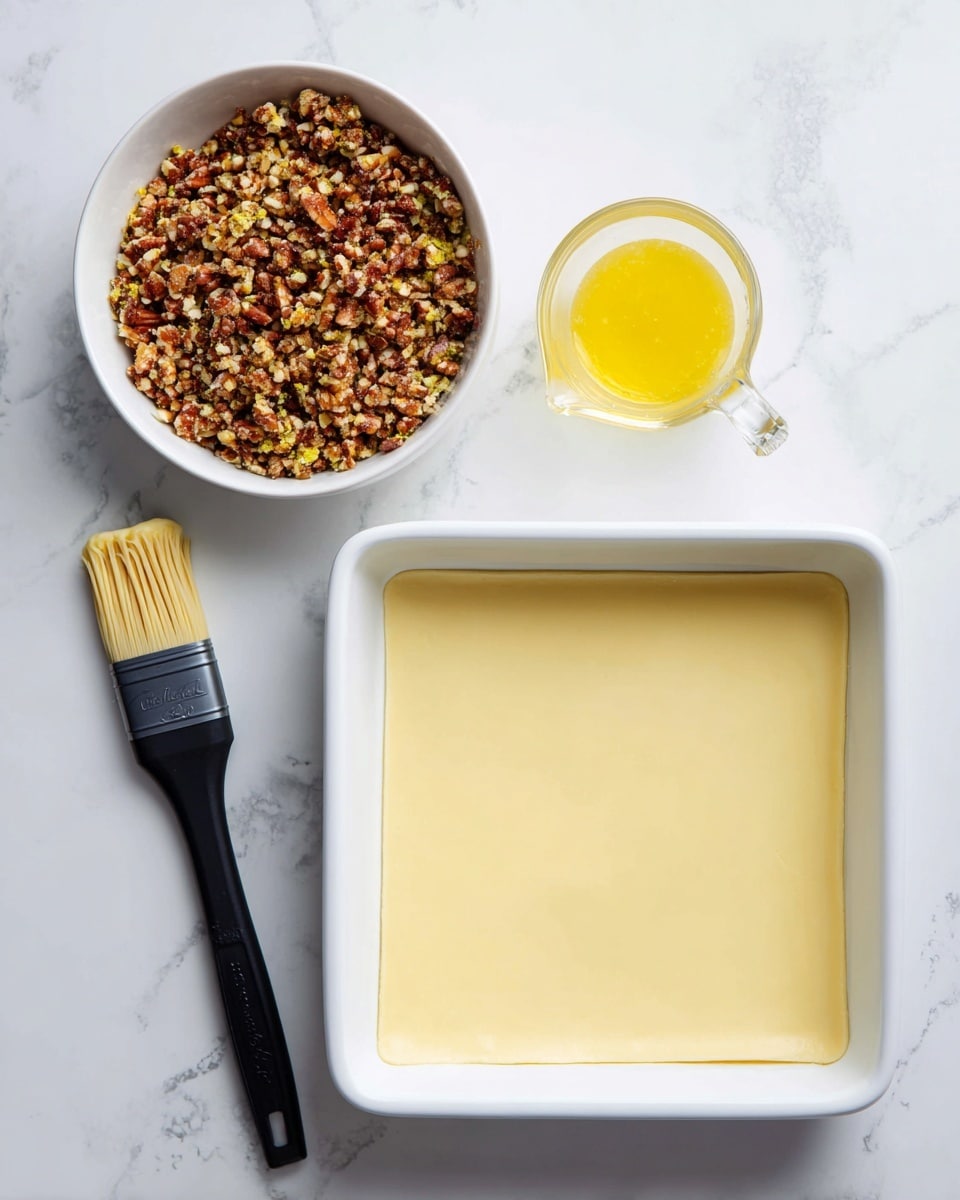 A white square dish contains a thin, smooth, pale yellow dough layer spread evenly at the bottom. Below it, on a white marbled surface, there is a white bowl filled with a coarse mix of crushed nuts in light and dark brown shades, some pieces appear greenish. Next to the bowl is a black pastry brush with light yellow bristles. Nearby, a clear measuring cup holds melted yellow butter or oil. The scene is set on a white marbled background. photo taken with an iphone --ar 4:5 --v 7