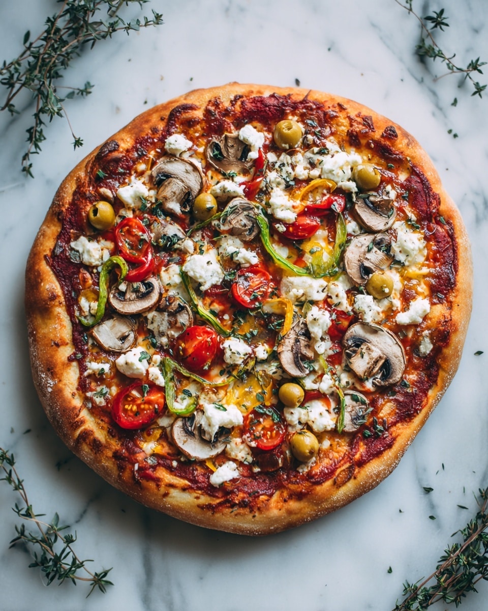 A small round pizza with a light golden-brown crust sits on a white marbled surface. The pizza has one main layer of red tomato sauce spread unevenly across the dough. On top of the sauce, there are patches of melted white cheese. The toppings include several slices of light brown mushrooms with dark gills, bright green and yellow bell pepper strips laid out in a crisscross manner, halved red cherry tomatoes scattered around, and round slices of green olives spread evenly. Small sprigs of green herbs surround the pizza loosely on the white marbled background. photo taken with an iphone --ar 4:5 --v 7