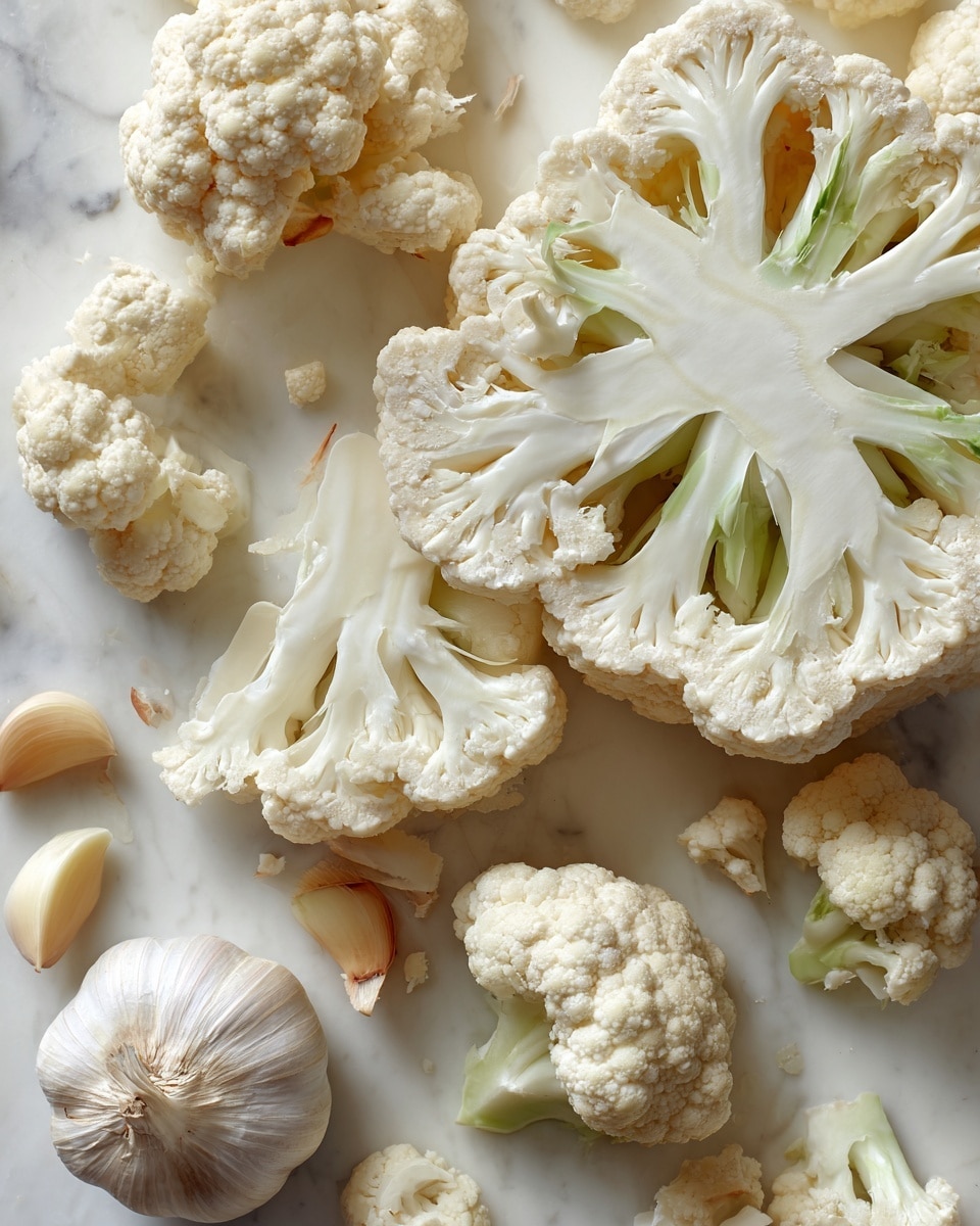 The image shows a close-up view of many cauliflower pieces scattered on a white marbled surface. There is one large cauliflower slice on the upper right, showing creamy white florets and light green stems in a radial pattern. Smaller cauliflower pieces are spread out around it, each with a rough, bumpy texture and white color. Near the bottom left, there is a whole garlic bulb with its papery skin and a few peeled garlic cloves placed nearby, showing smooth, off-white textures. The background is a white marbled surface that contrasts with the pale vegetables, and the lighting highlights the natural details and shapes of the cauliflower and garlic. photo taken with an iphone --ar 4:5 --v 7