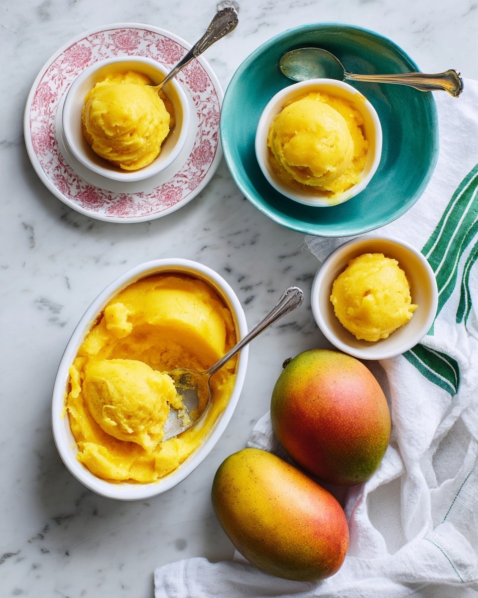 The image shows two scoops of creamy yellow mango ice cream each placed in a small bowl, one sitting on a white plate with a pink floral rim and the other on a larger white plate with a blue-green rim; both bowls have a silver spoon resting inside. Nearby, there are three whole ripe mangoes with orange skin on a white marbled textured surface. A white container with more ice cream inside is partially scooped out, with an ice cream scooper inside the container. A white towel with green stripes is draped casually near the plates. The setting is bright and inviting, highlighting the smooth texture and soft color of the ice cream. photo taken with an iphone --ar 4:5 --v 7